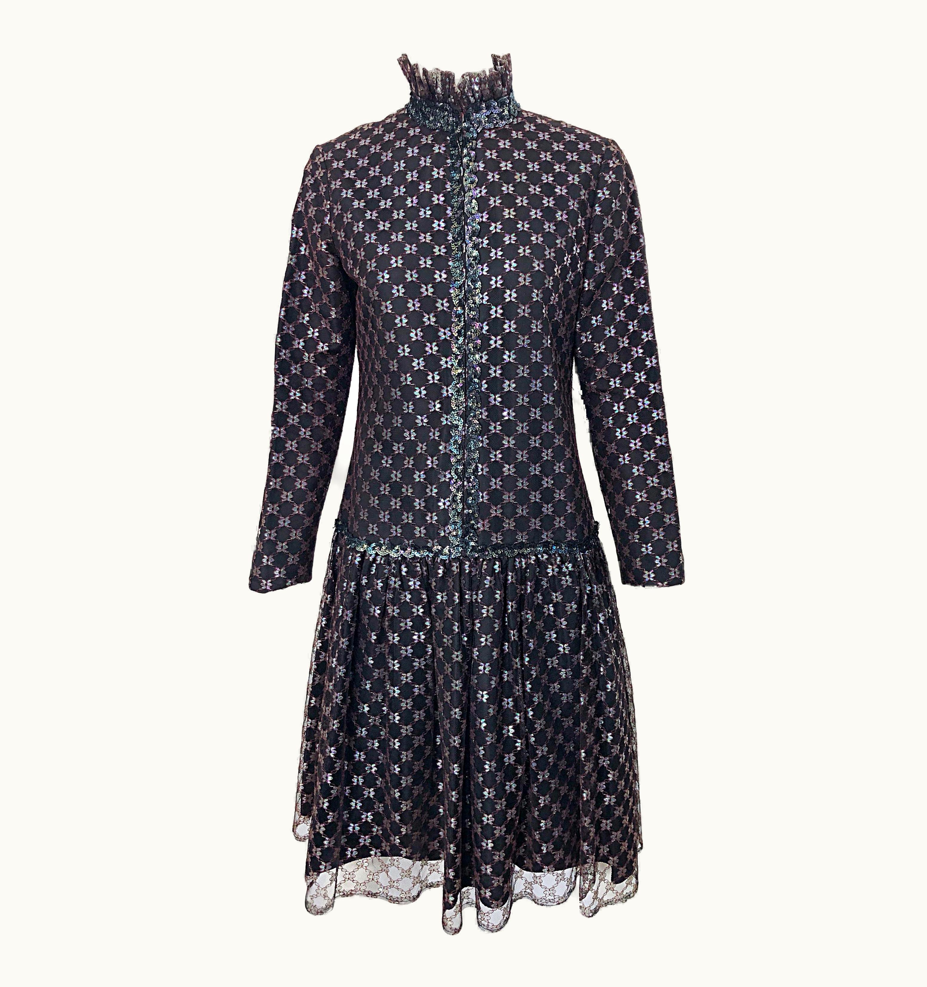 Oscar De La Renta Oscar De La Renta 1960s Black + Burgundy Red Iridescent Sequin Drop Waist Dress