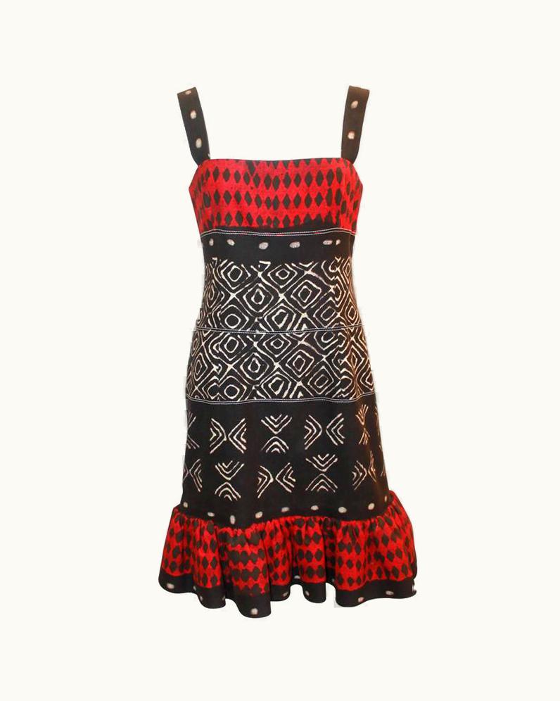 Oscar De La Renta Oscar De La Renta Red, Black, & Ivory Cotton Sleeveless Tribal Print Dress