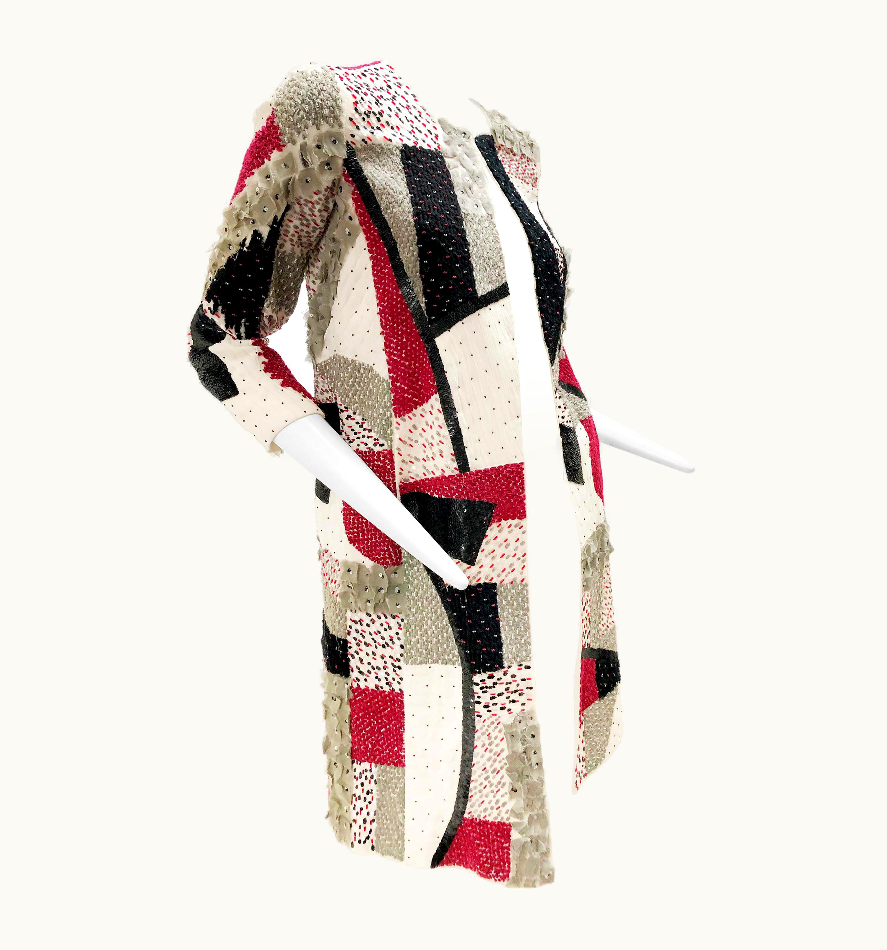 Oscar De La Renta Oscar De La Renta Beaded Red Black & Gray Patchwork Design Jacket WS/S Sequins