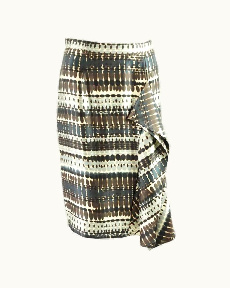 Oscar De La Renta Oscar De La Renta Brown And Multi Print Silk Skirt With Ruffle