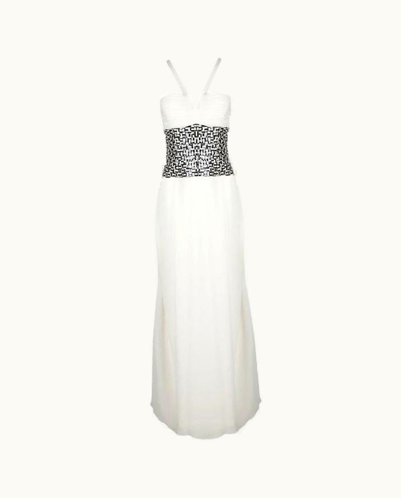 Oscar De La Renta Oscar De La Renta Off White Basket Weave Embellished Ruched Silk Gown