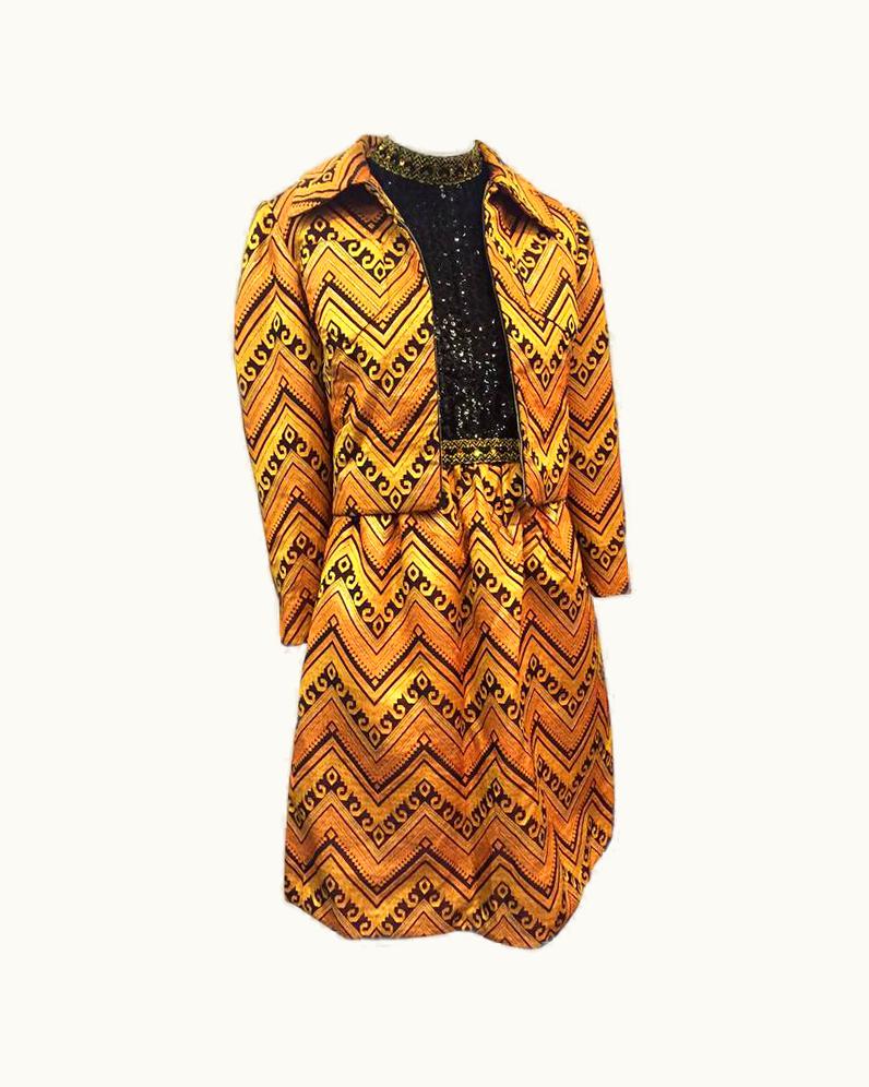 Oscar De La Renta 1960s Oscar De La Renta Gold & Black Brocade Cocktail Suit WS/S Sequin Bodice