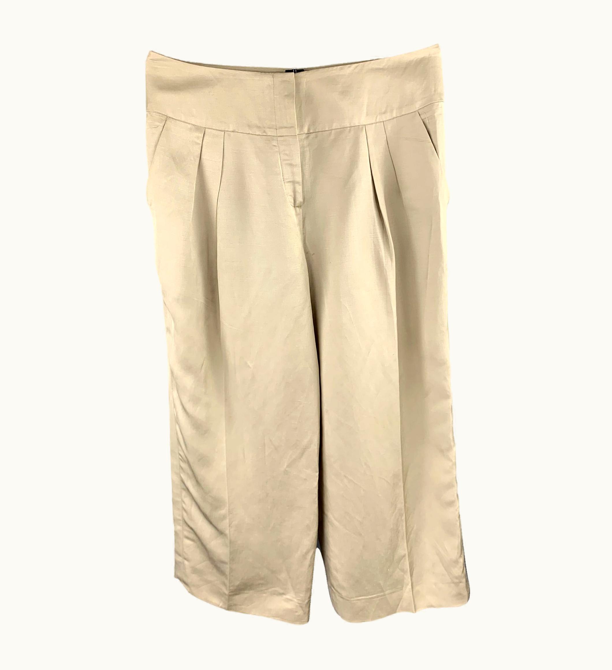 Oscar De La Renta Oscar De La Renta Beige Linen Blend Wide Leg Dress Pants