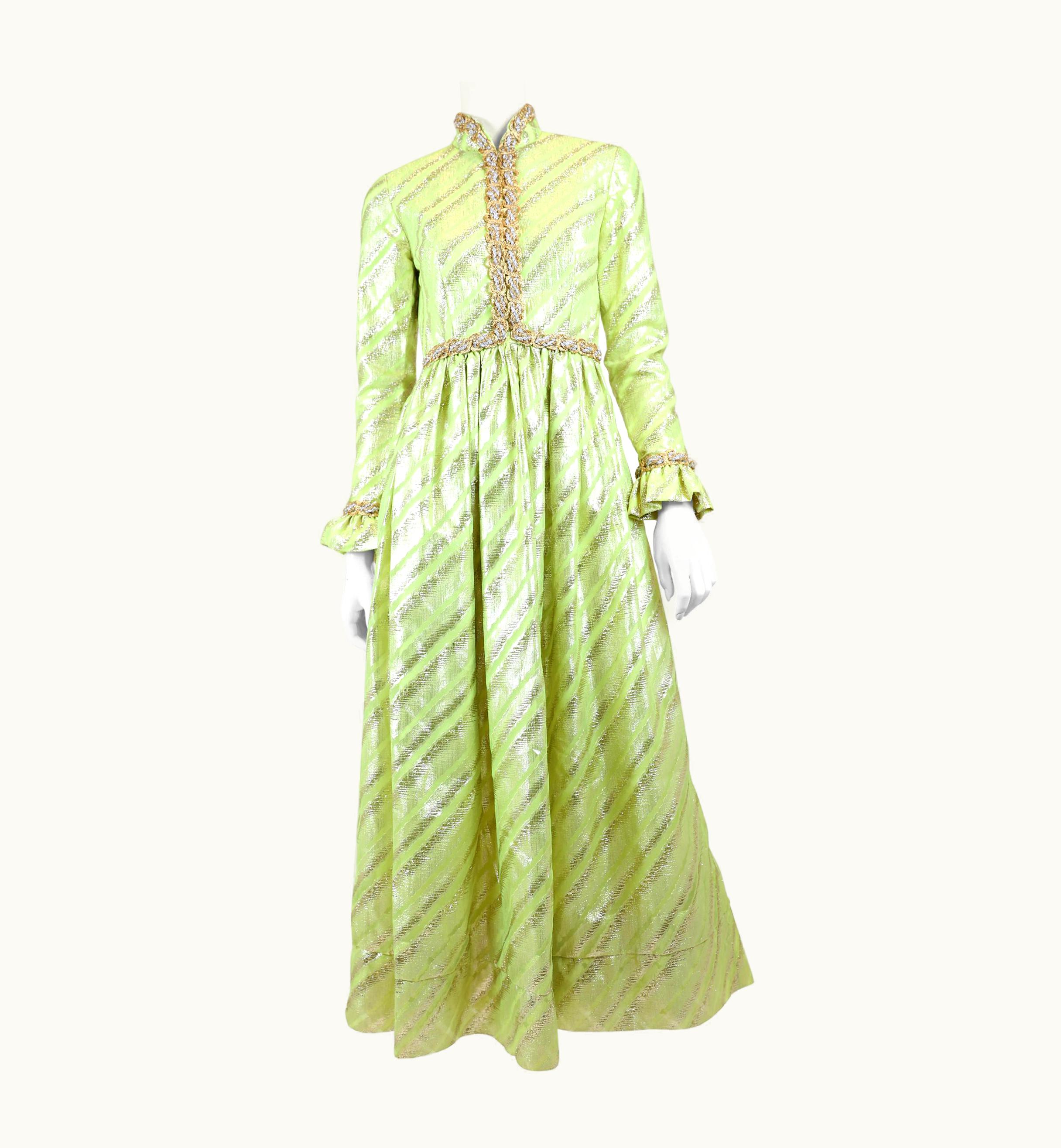 Oscar De La Renta Oscar De La Renta Lime Green Long Gown With Gold Metallic Texture