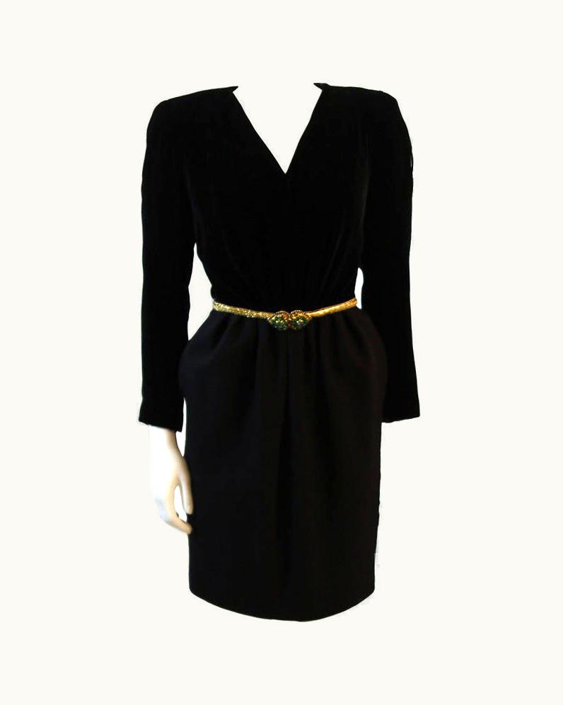 Oscar De La Renta Oscar De La Renta Velvet Bodice Cocktail Dress With Gold And Emerald Detail