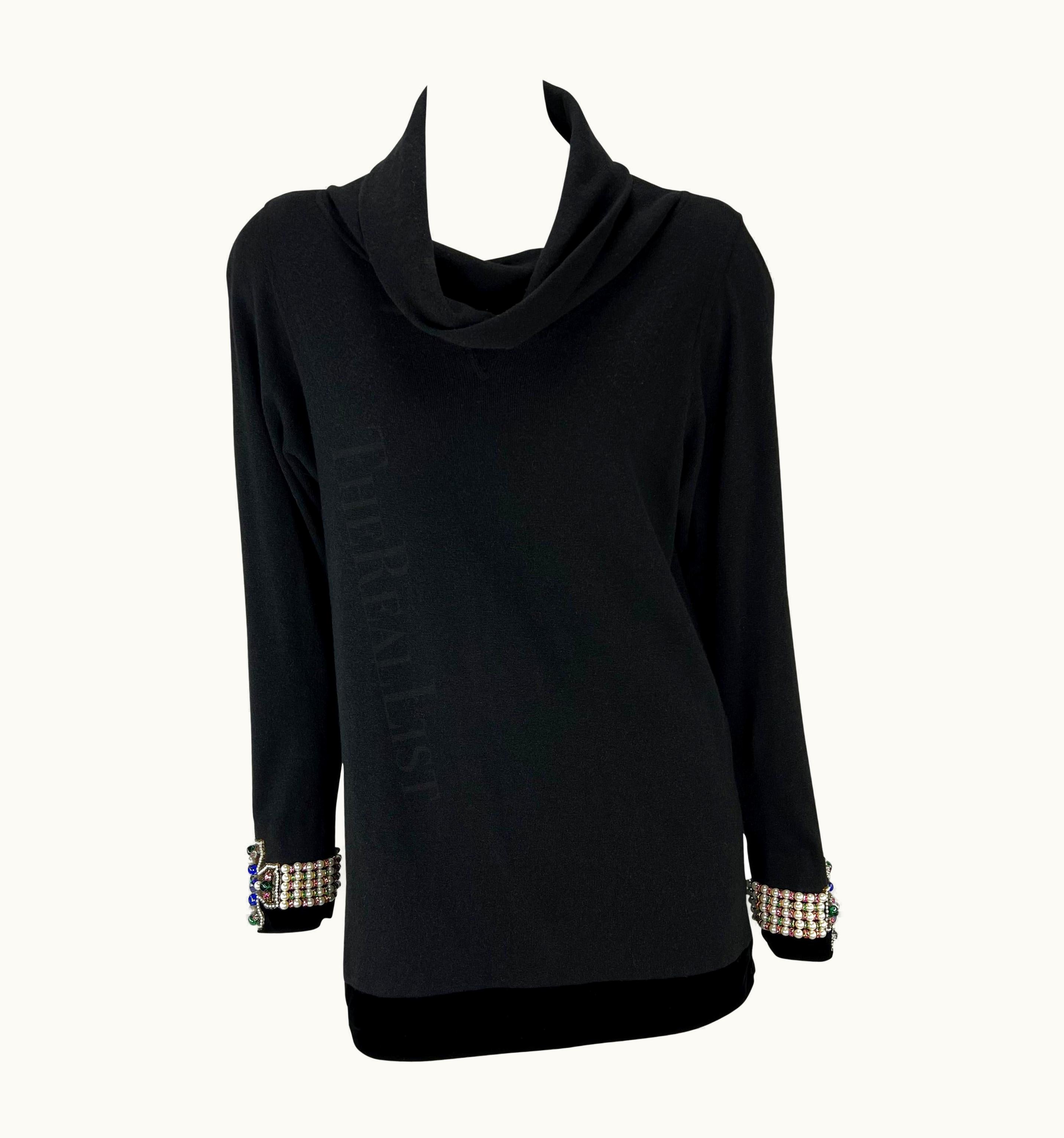 Oscar De La Renta 1980s Oscar De La Renta Black Cowl Sweater Mini Dress Pearl Beaded Cuffs