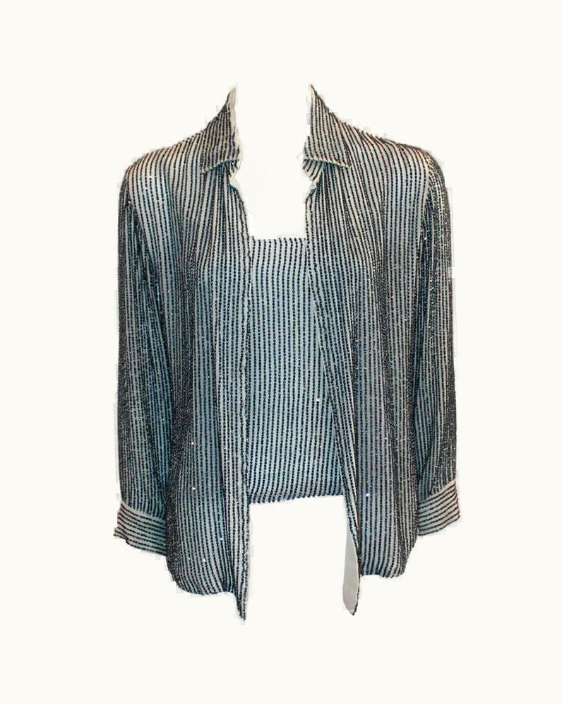 Oscar De La Renta Oscar De La Renta Ivory & Navy Silk Chiffon Beaded Blouse & Tank Set