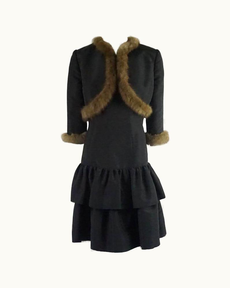 Oscar De La Renta Oscar De La Renta Black Taffeta Dress And Jacket With Sable Trim