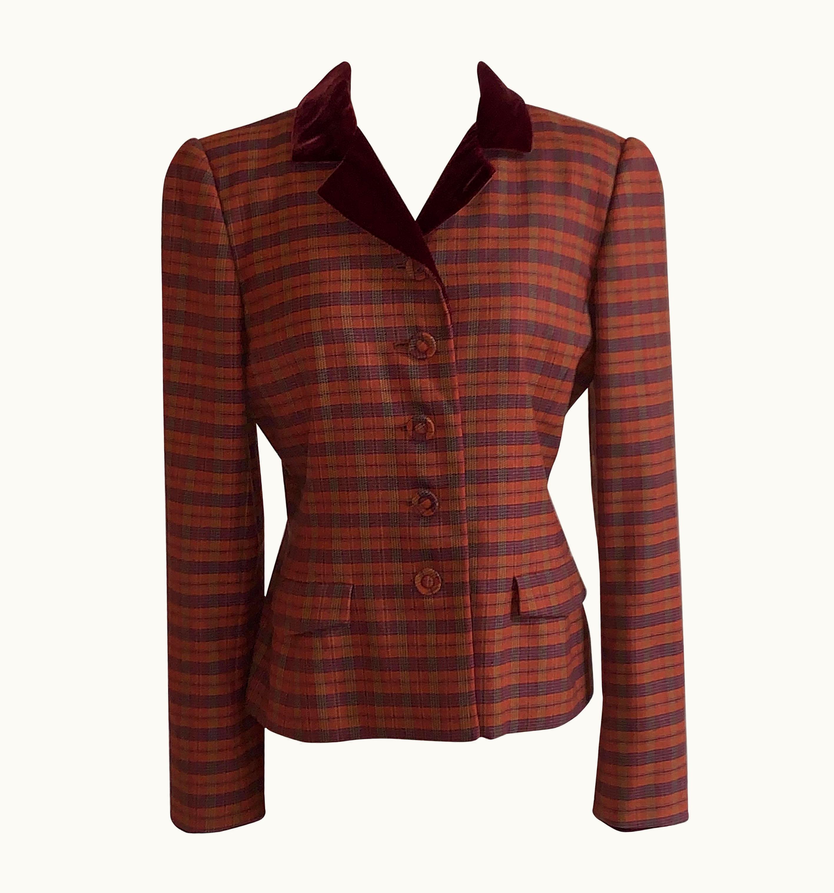 Oscar De La Renta Oscar De La Renta 1990s Rust Orange Plaid Blazer Jacket Burgundy Velvet Collar