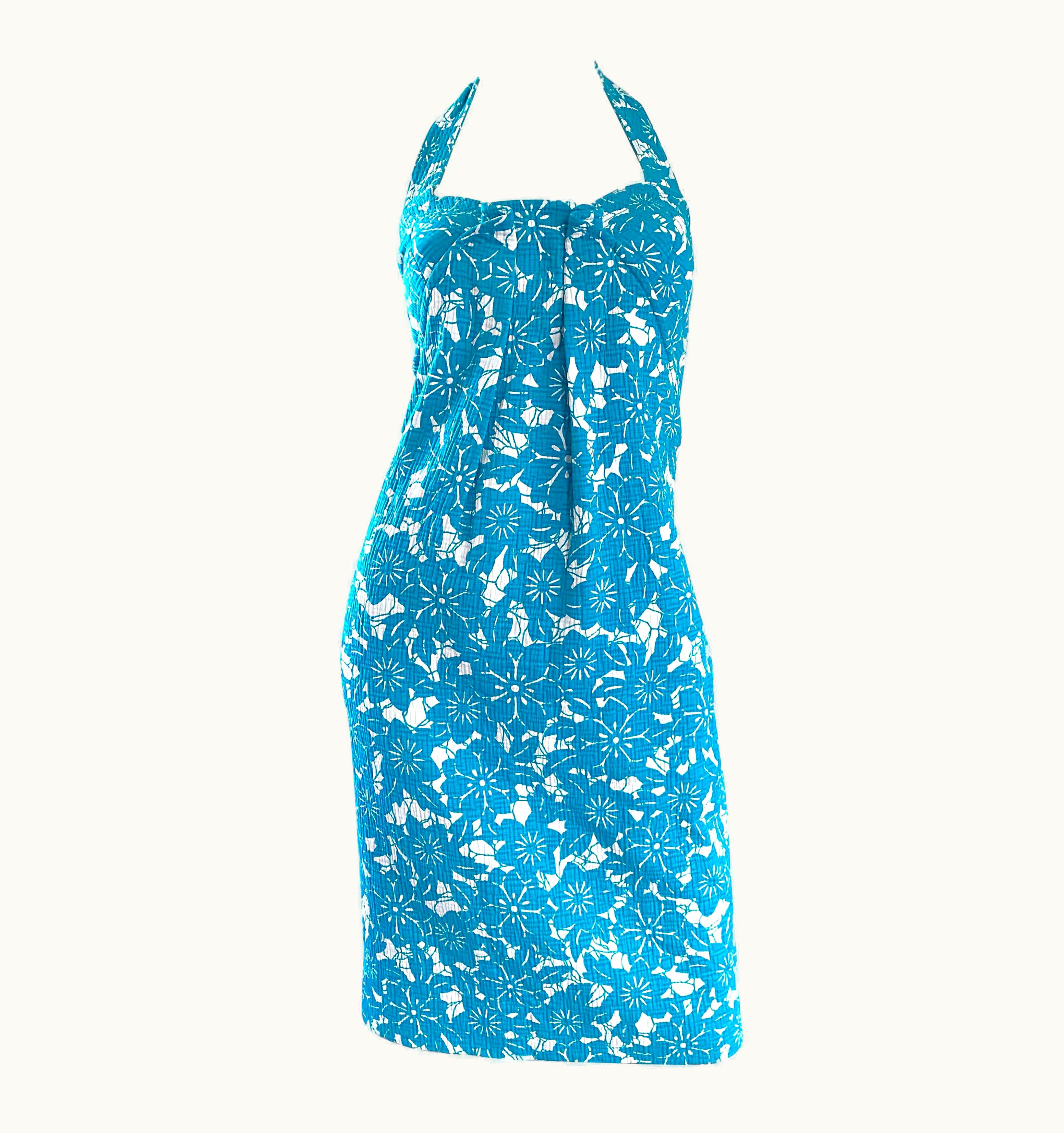 Oscar De La Renta Vintage Oscar De La Renta 1990s Turquoise Blue + White Hawaiian 90s Halter Dress