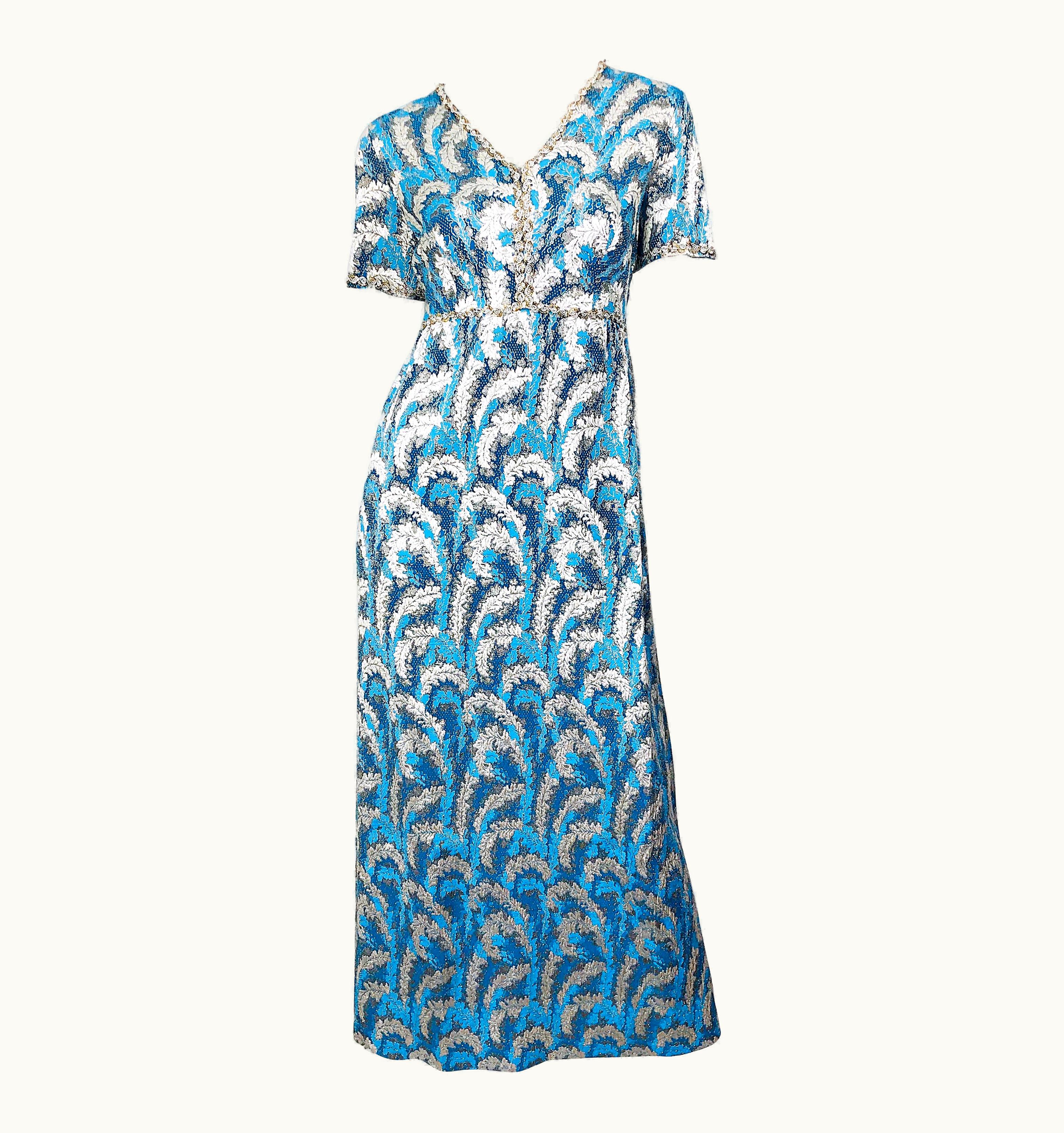 Oscar De La Renta 1960s Oscar De La Renta Turquoise Blue Silver Silk Brocade Sequin 60s Gown Dress