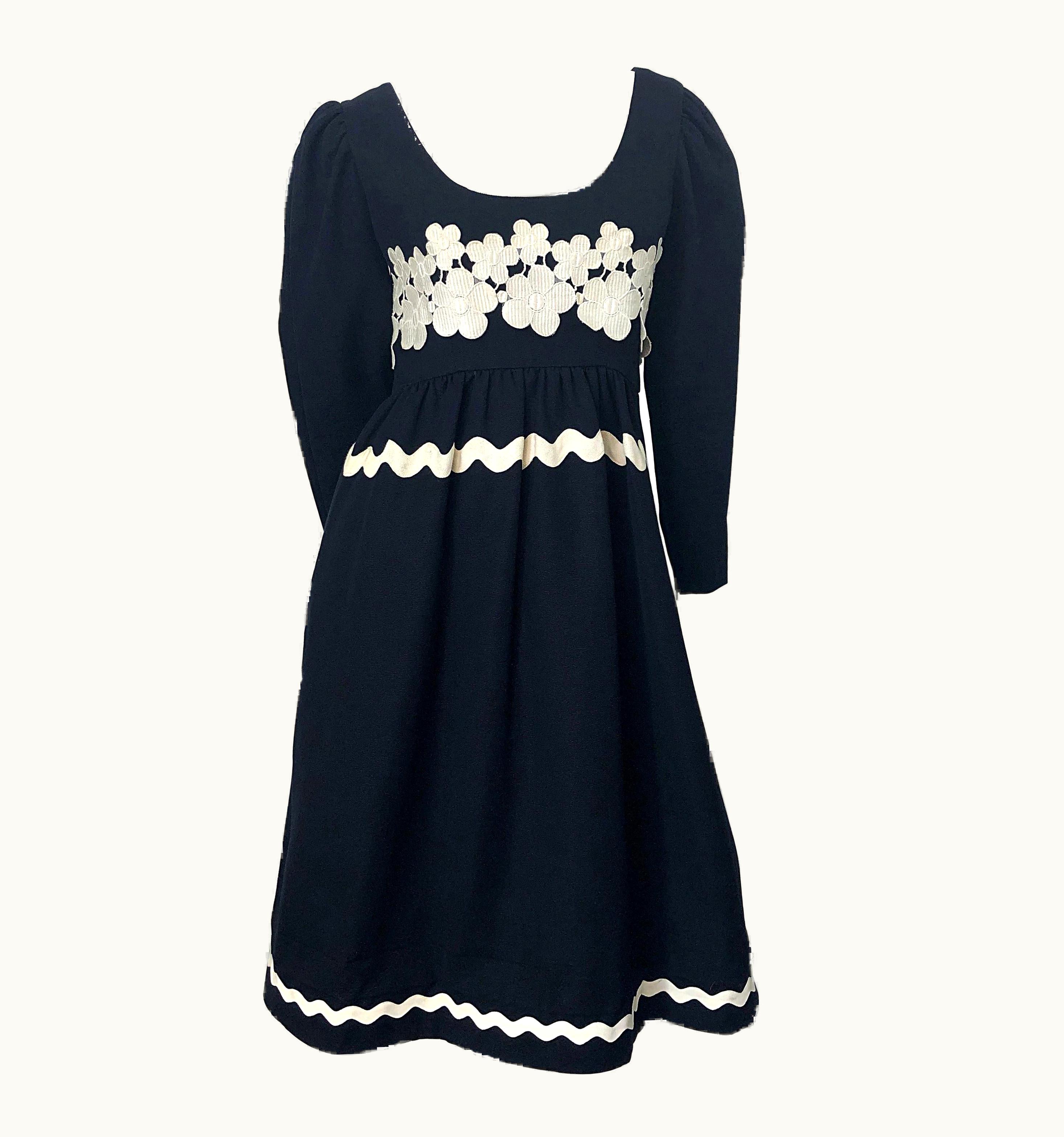 Oscar De La Renta 1960s Oscar De La Renta Black And White Embroidered Flower Rickrack 60s Dress