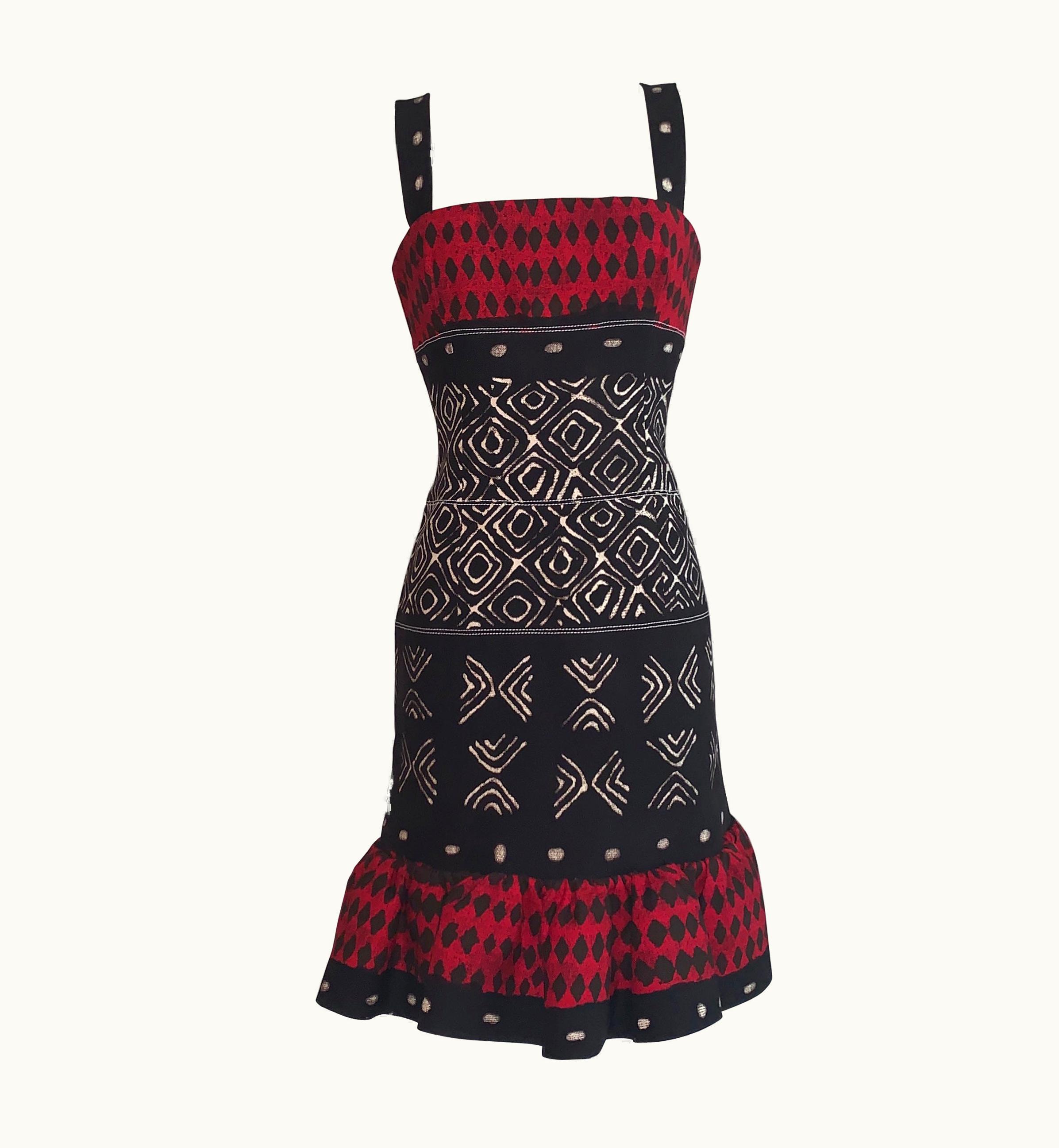 Oscar De La Renta Oscar De La Renta Red And Black Tribal Print Dress With Ruffle Bottom