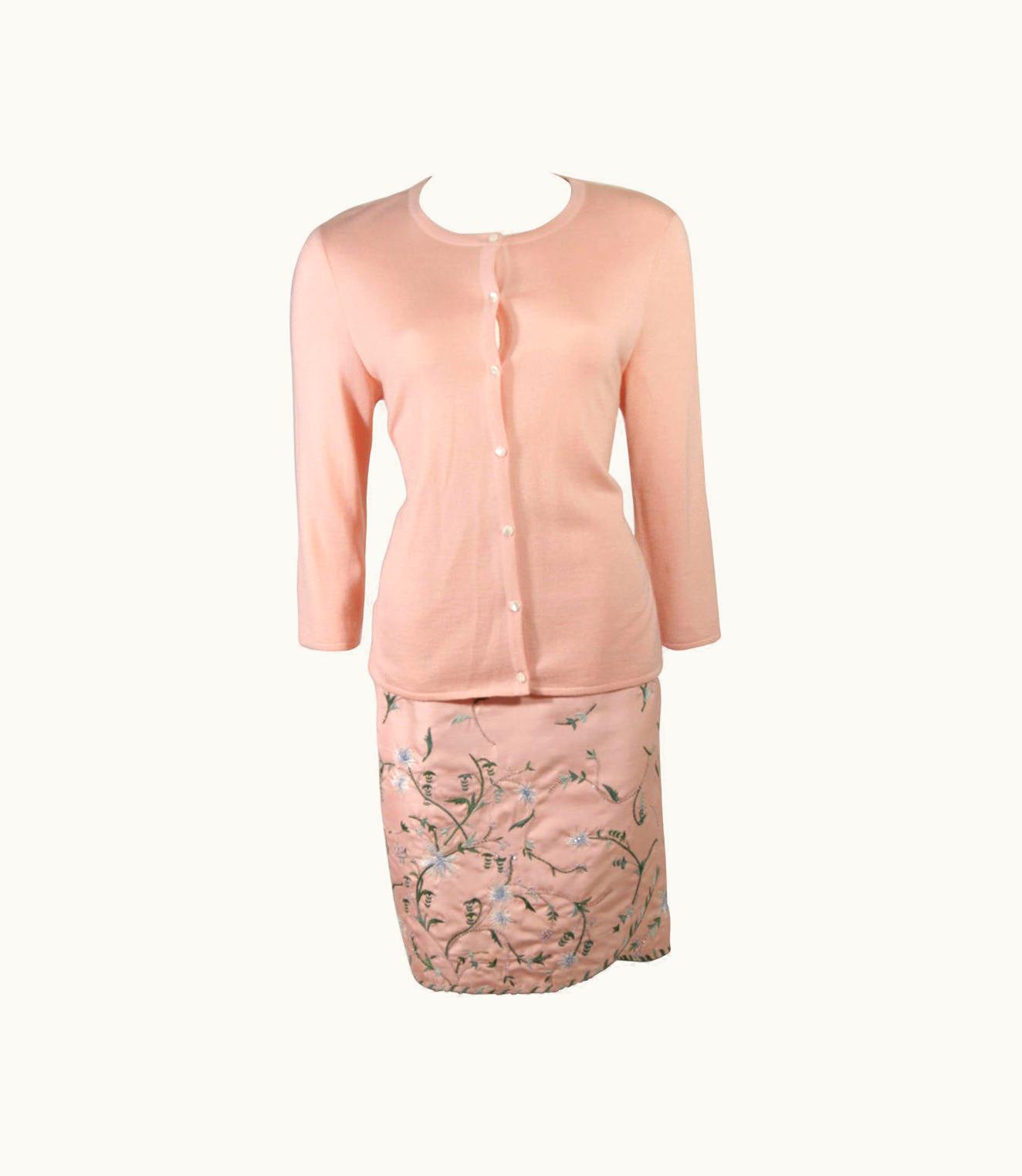 Oscar De La Renta Oscar De La Renta Pink Floral Embroidered Skirt And Cardigan Set arge