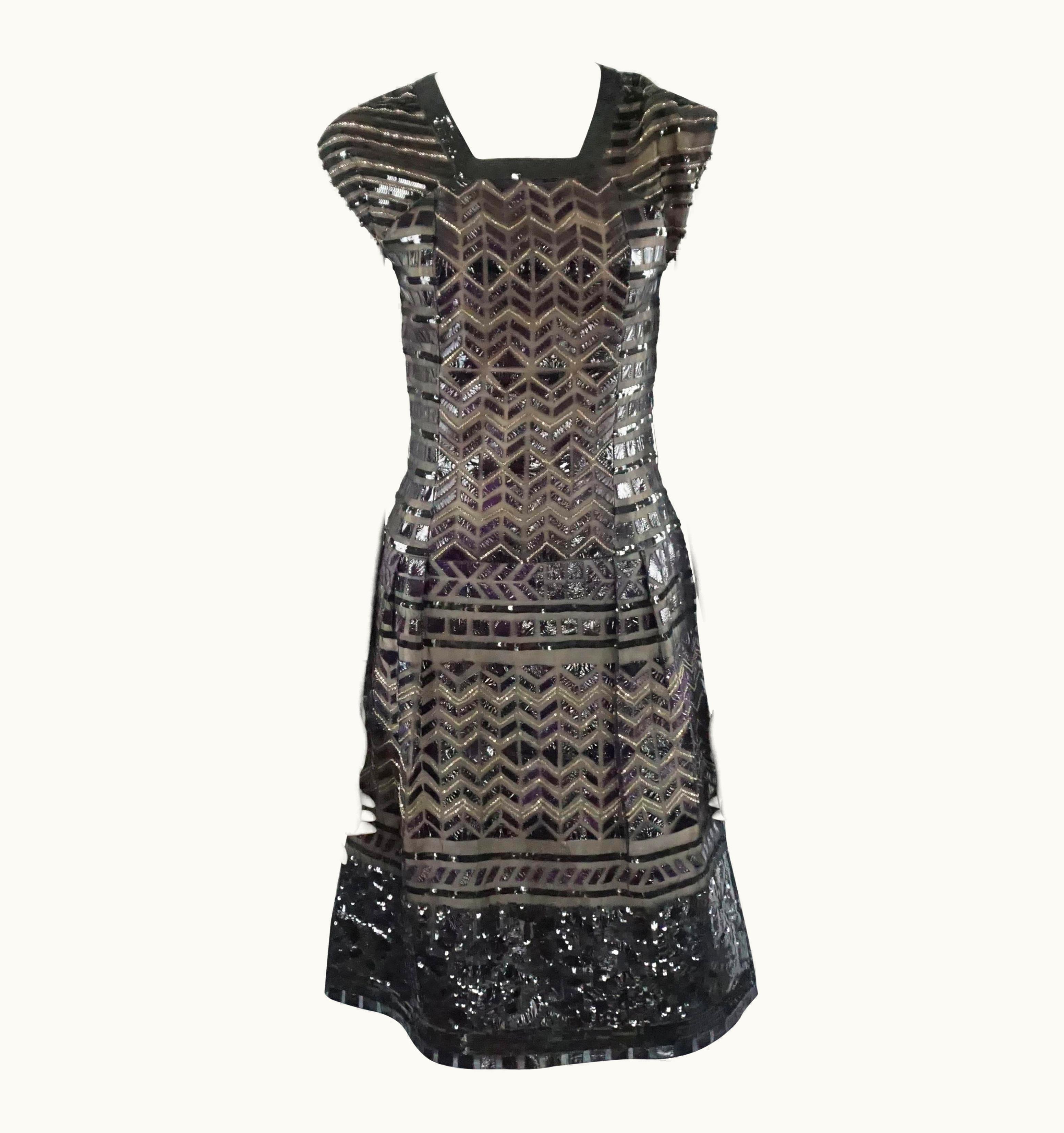 Oscar De La Renta Oscar De La Renta Black And Brown Sequin And Leather Applique Dress