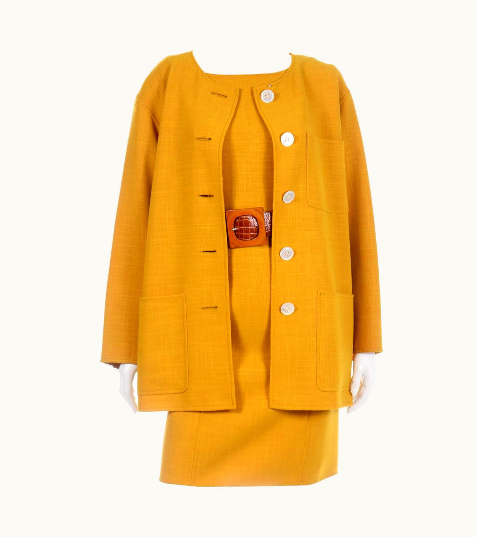 Oscar De La Renta Oscar De La Renta Vintage Mustard Yellow Dress And Jacket Suit With Belt