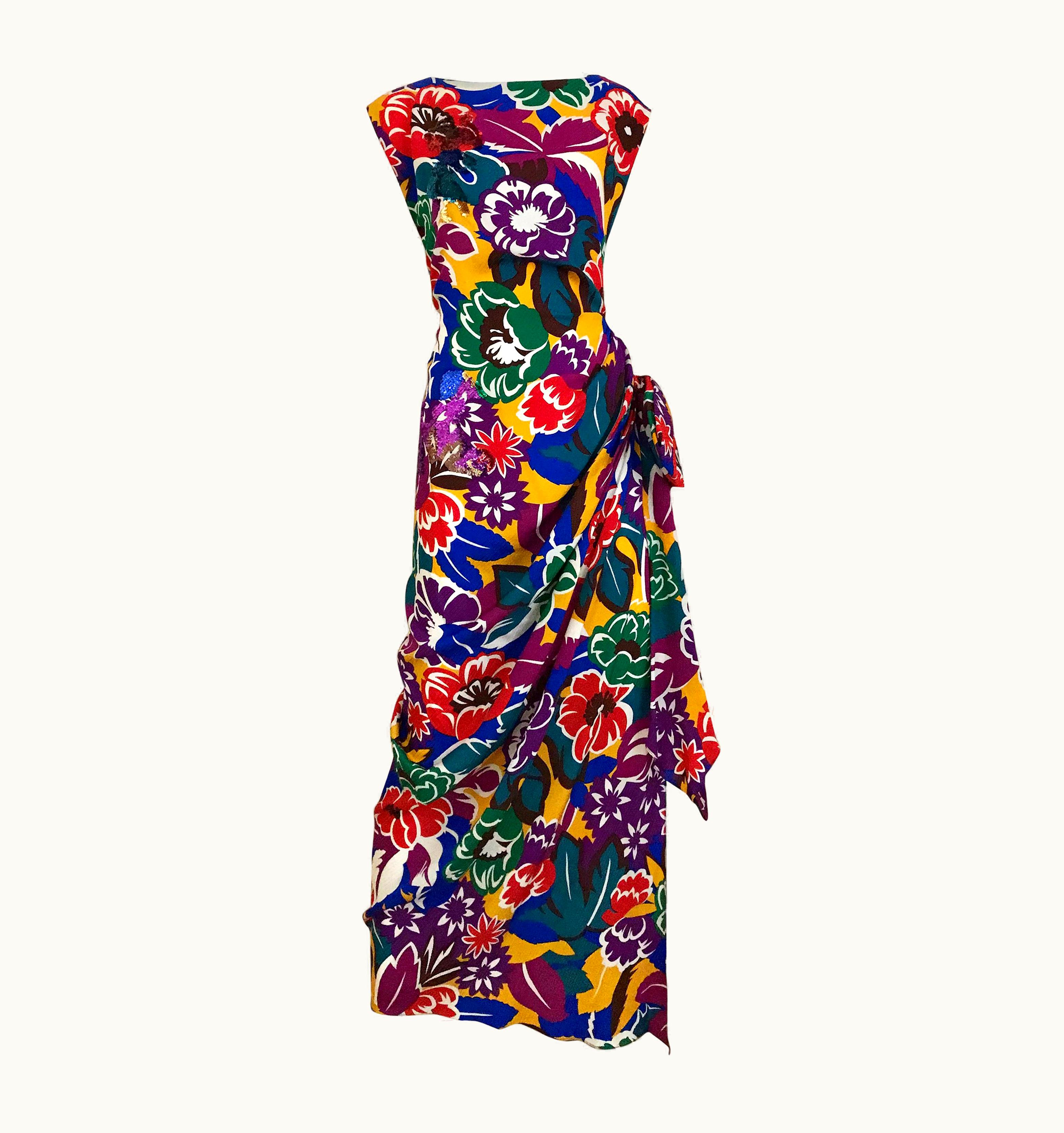 Oscar De La Renta 1990s Oscar De La Renta Silk Rayon Multi Color Print Floral Cocktail Dress