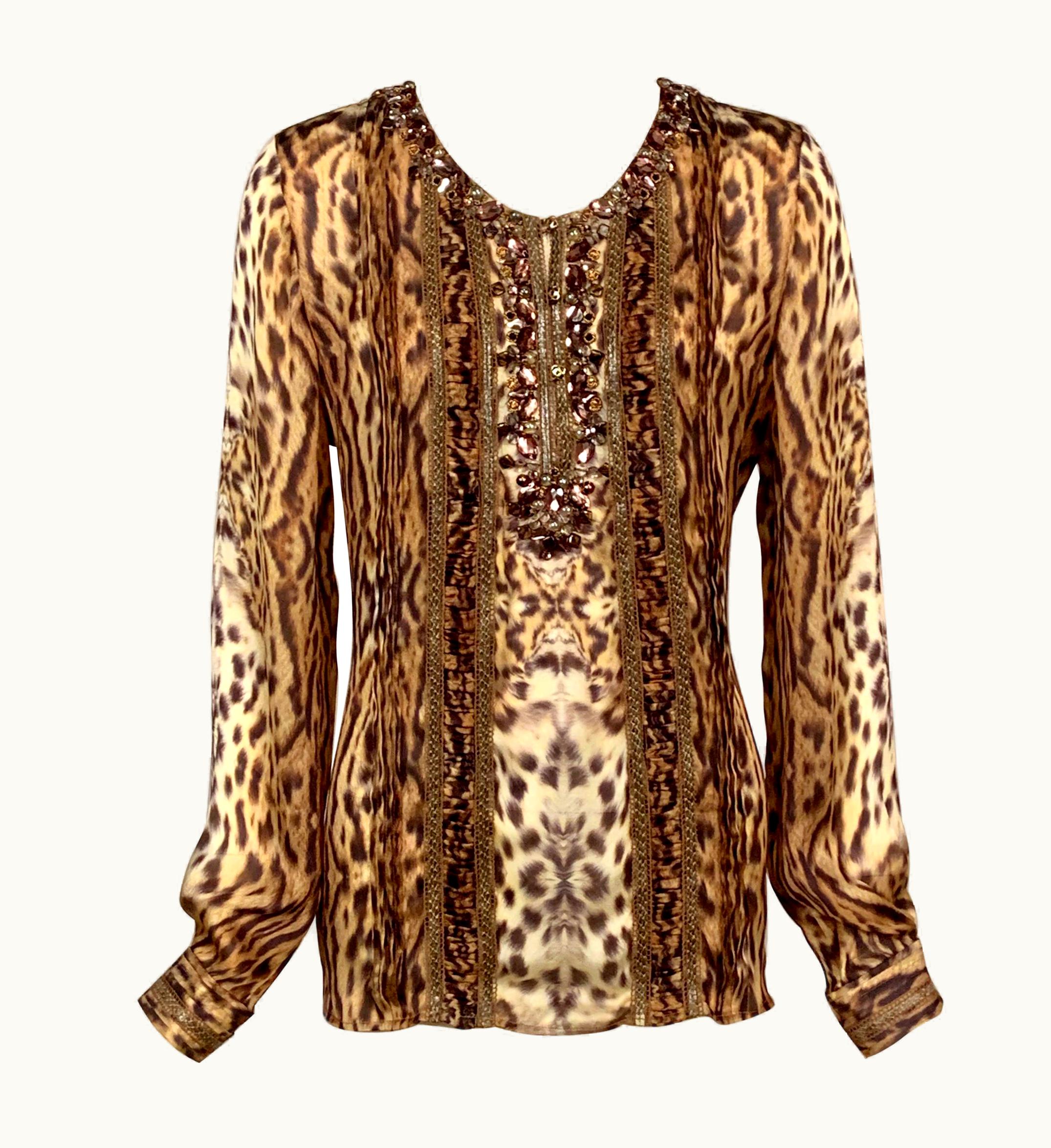 Oscar De La Renta Oscar De La Renta Animal Print Silk Chiffon Blouse Jewels, Snakeskin, Pin Tucks