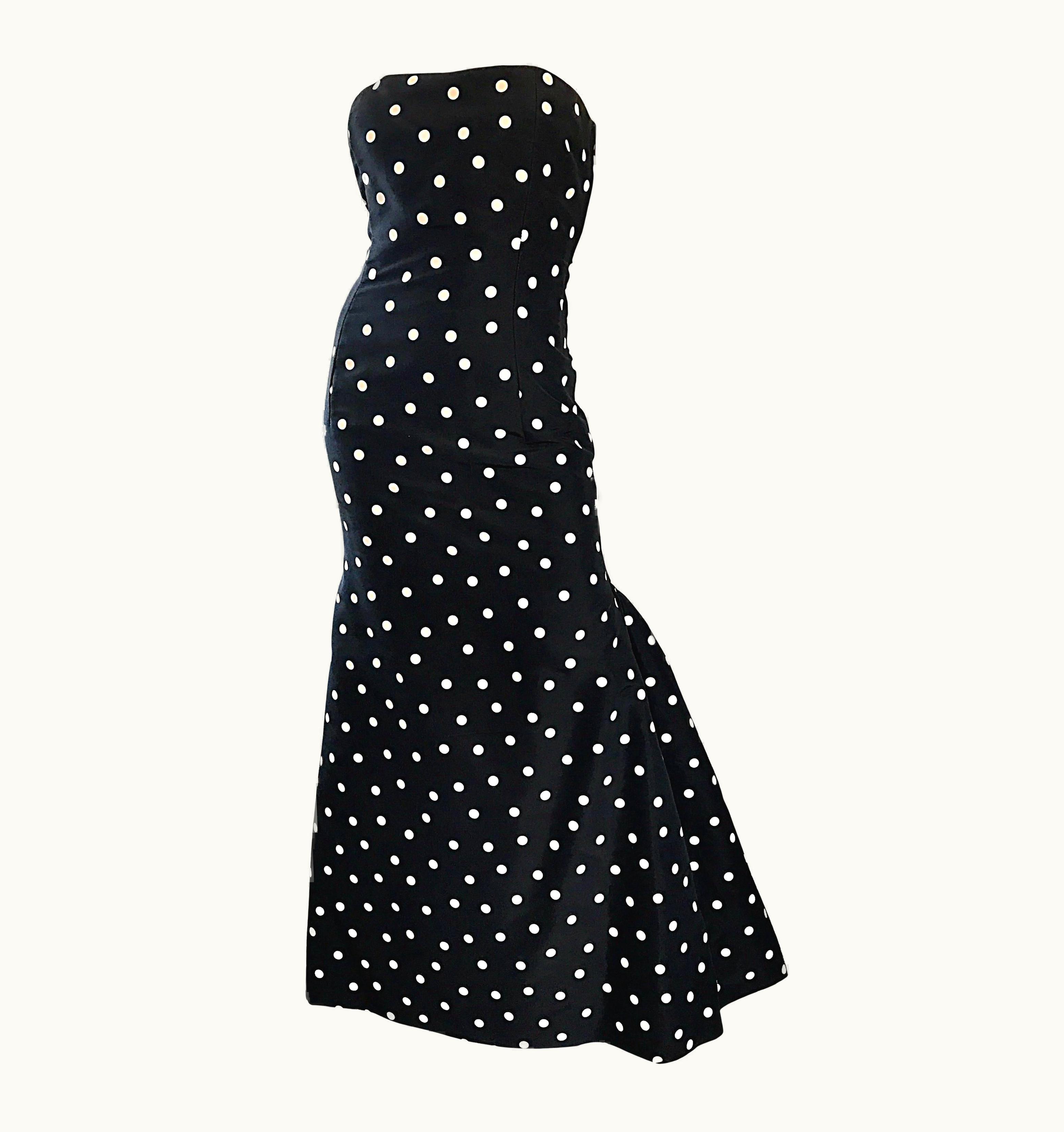 Oscar De La Renta Vintage Oscar De La Renta Black And White Polka Dot Strapless Mermaid Gown Dress