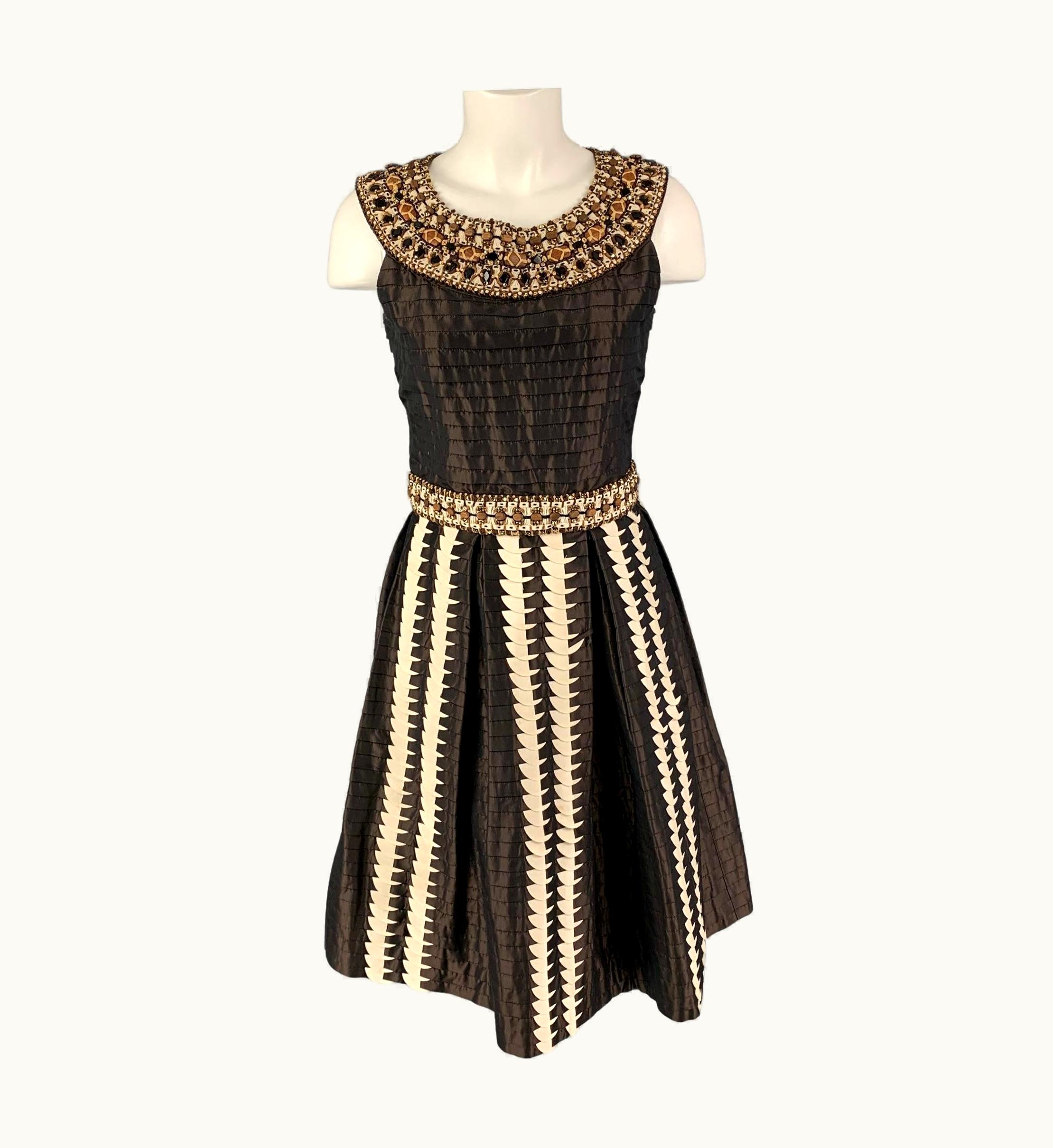 Oscar De La Renta Oscar De La Renta S/S Brown Silk Pleated A-Line Dress