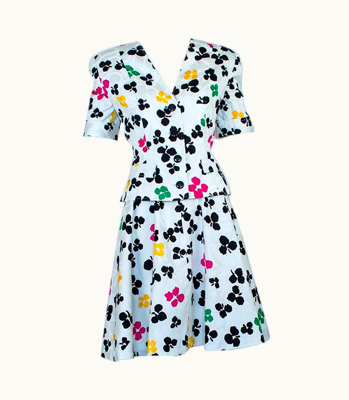 Oscar De La Renta Oscar De La Renta Multicolor Floral Short Sleeve Ballerina Skirt Suit -, 1980s