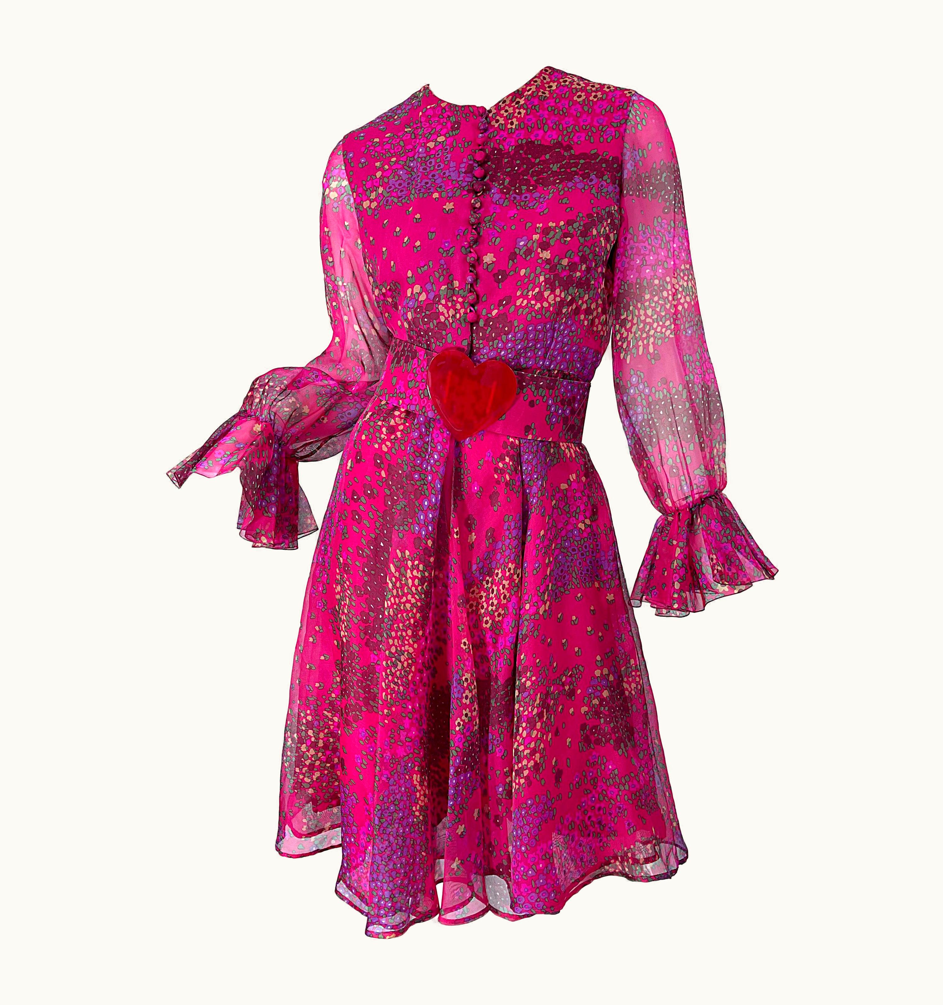 Oscar De La Renta 1960s Oscar De La Renta Pink Heart And Flower Print Vintage 60s Silk Dress
