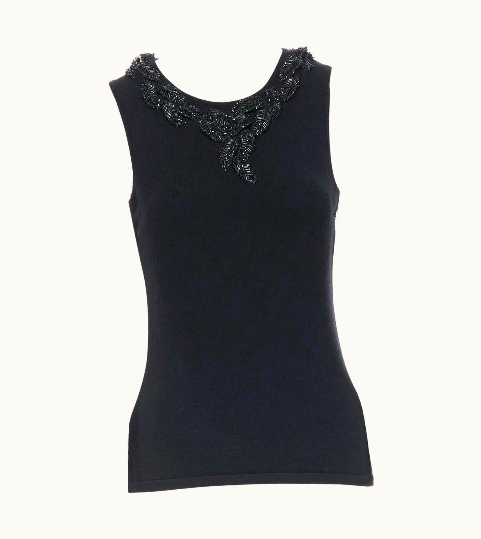 Oscar De La Renta Oscar De La Renta Black Cashmere Sequin Bead Leaf Embroider Applique Vest Top