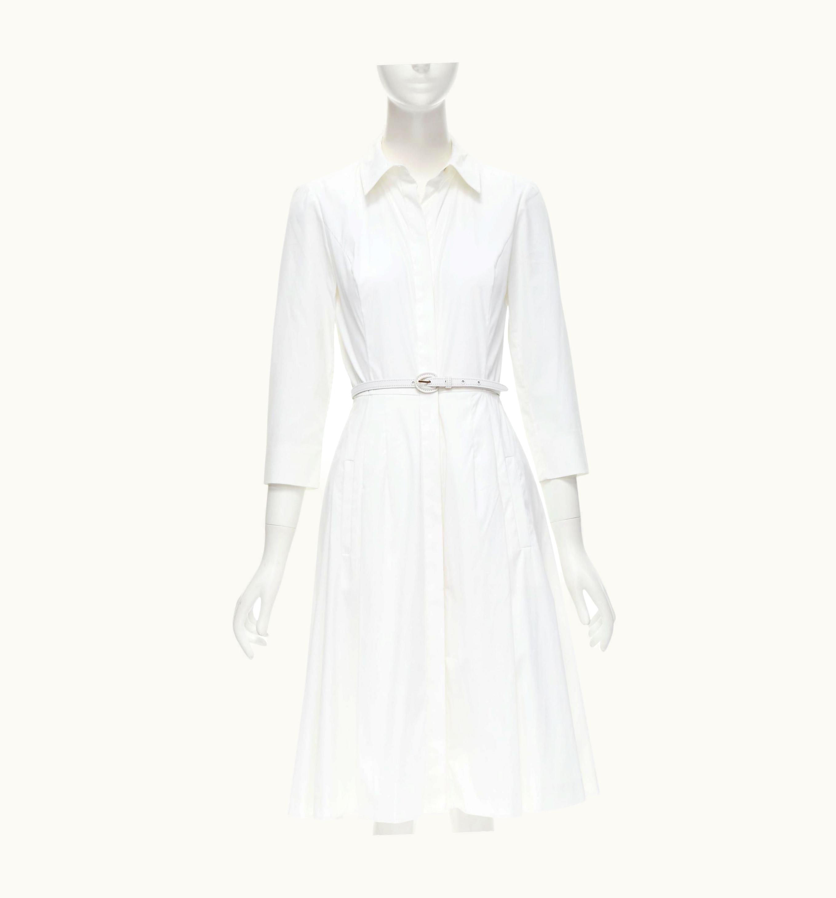 Oscar De La Renta Oscar De La Renta R15 White Leather Belted Pleated Flared Skirt Dress
