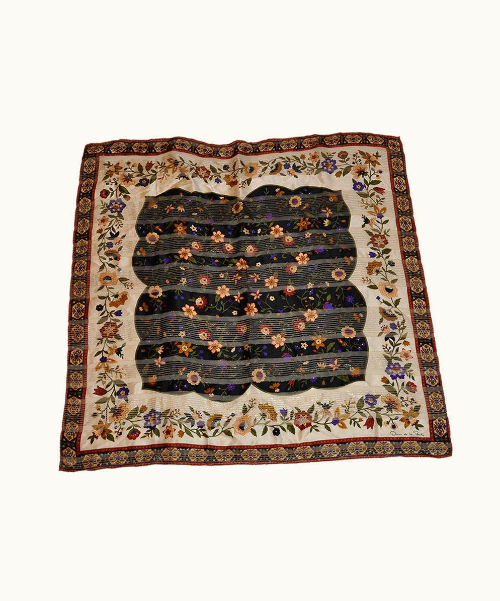 Oscar De La Renta Oscar De La Renta Multi-Color Floral Silk & Silk Chiffon With Gold Lame Scarf