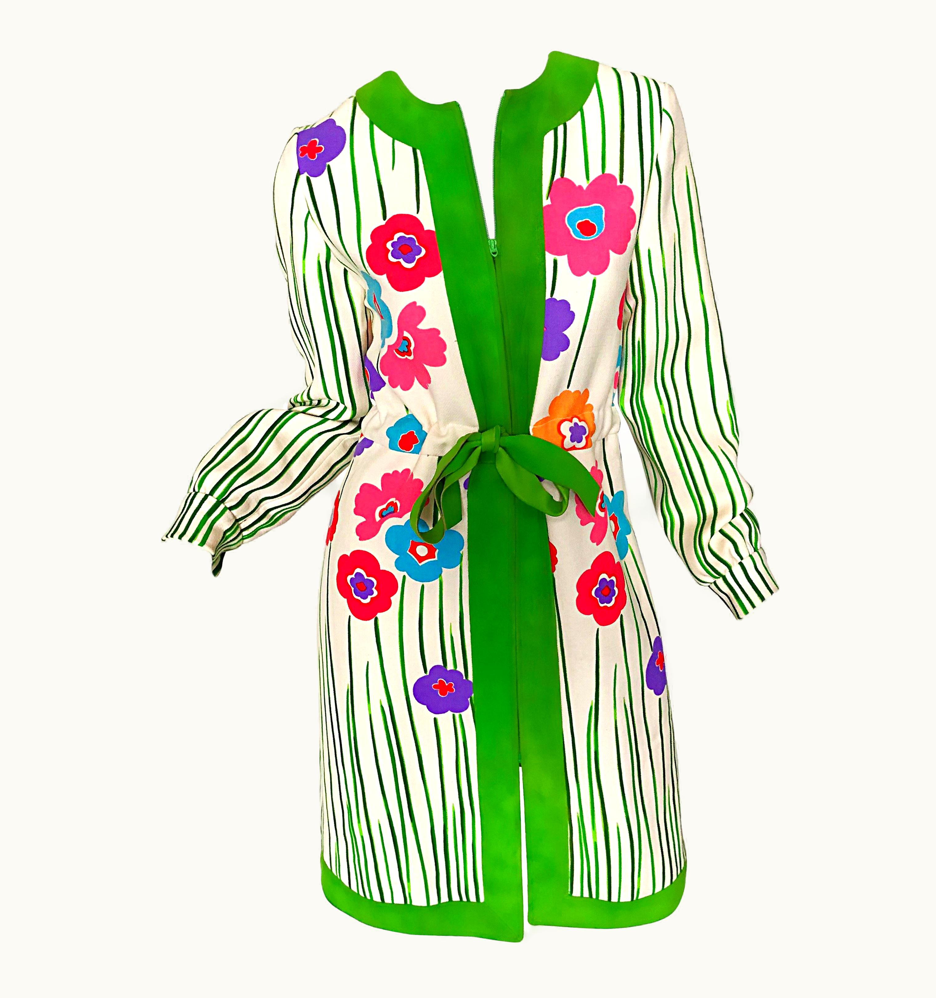 Oscar De La Renta Oscar De La Renta 1960s Ivory Wool + Green Suede Mod Flower Print Jacket Dress