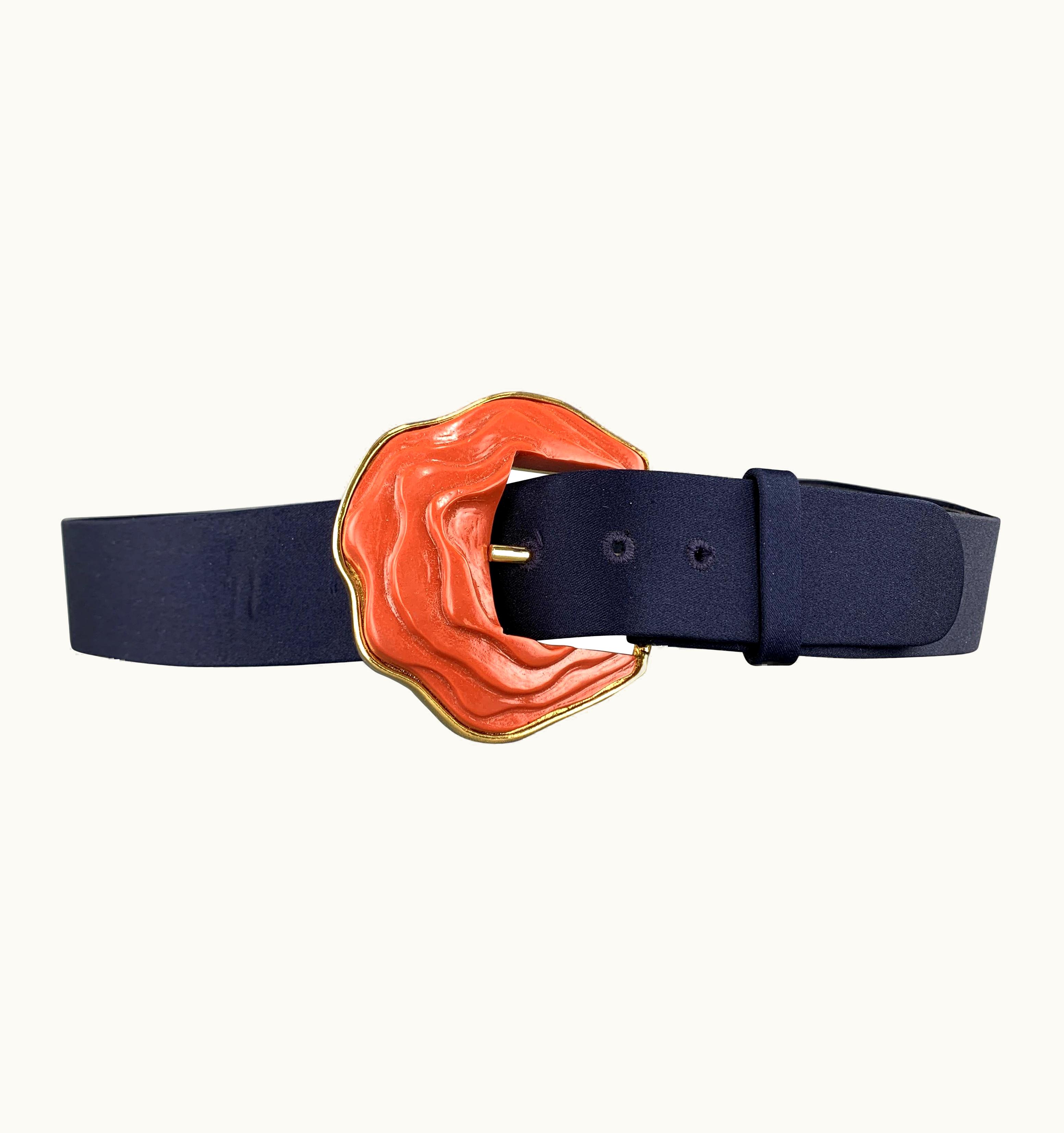 Oscar De La Renta Oscar De La Renta Navy Silk Gold Tone Coral Enamel Buckle Belt