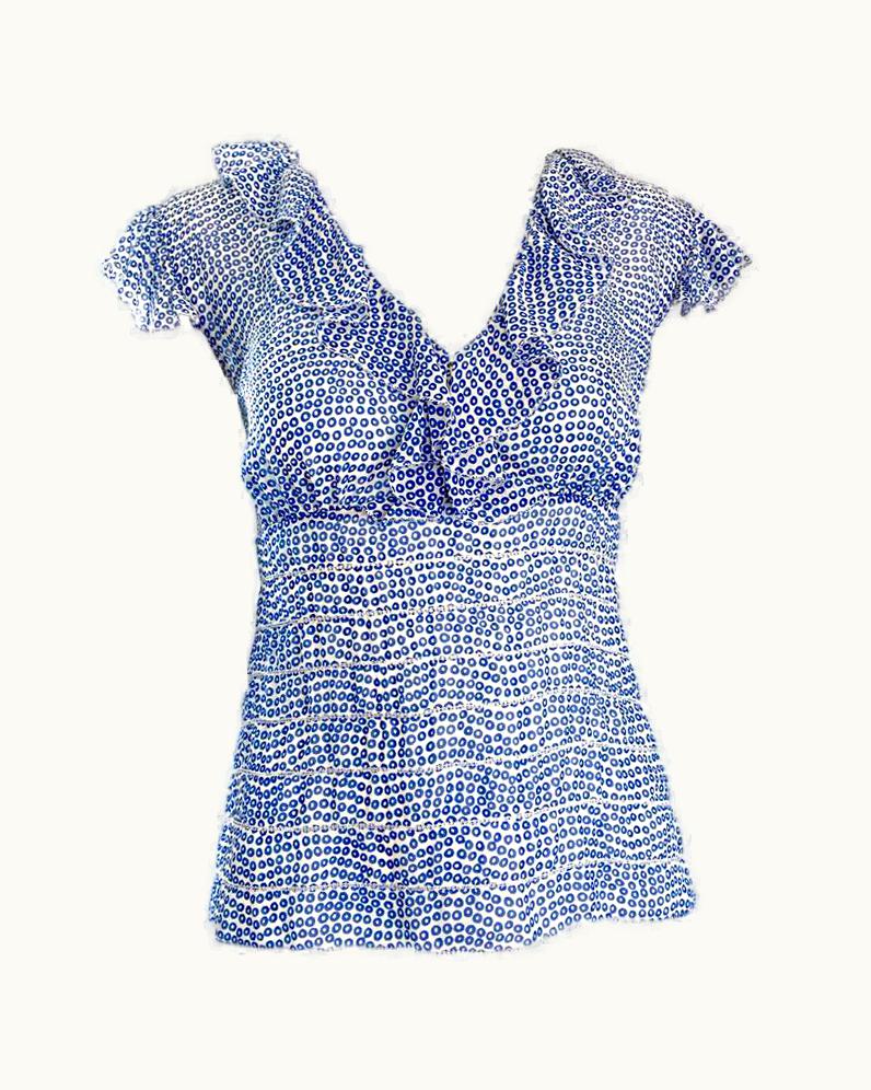 Oscar De La Renta Vintage Oscar De La Renta Blue 'Sequin' Print Semi Sheer 90s Ruffle Blouse Top