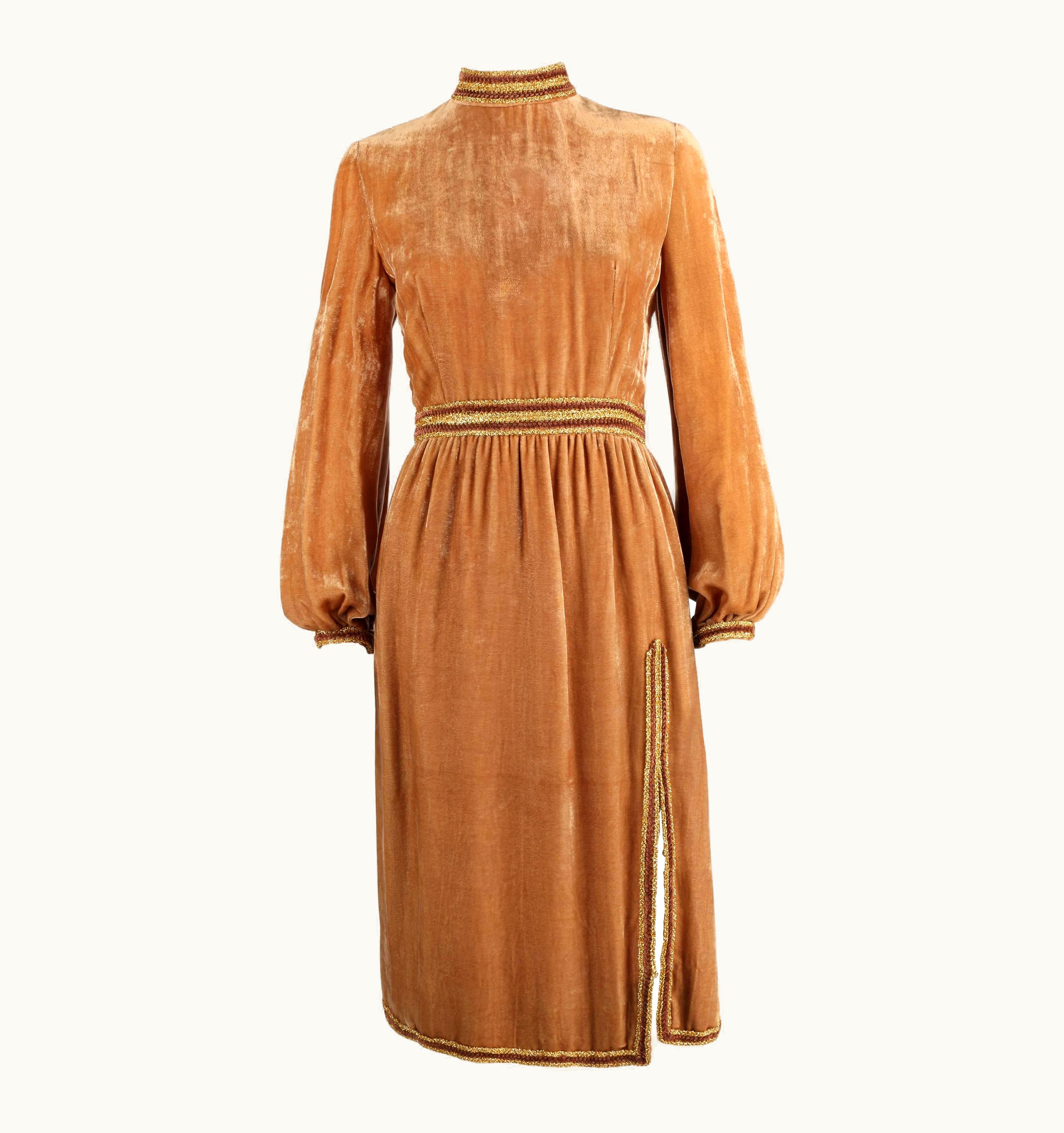 Oscar De La Renta 1960s Oscar De La Renta Velvet Golden Bronze Long Bishop Sleeve Dress