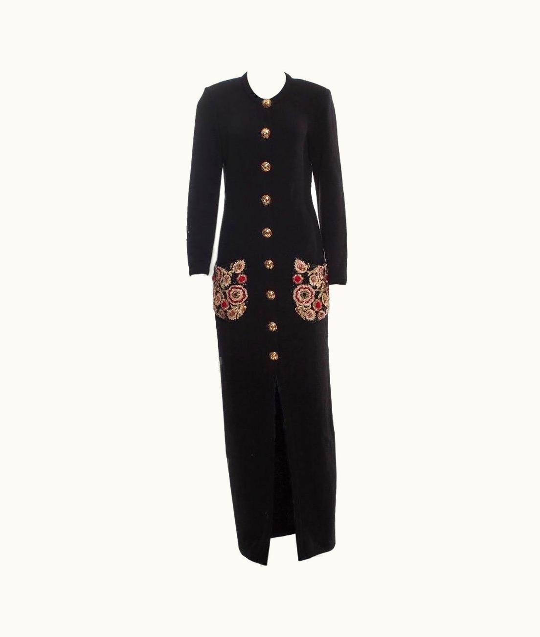 Oscar De La Renta Vintage Oscar De La Renta Embellished Black Knit Wool Long Cardigan Coat