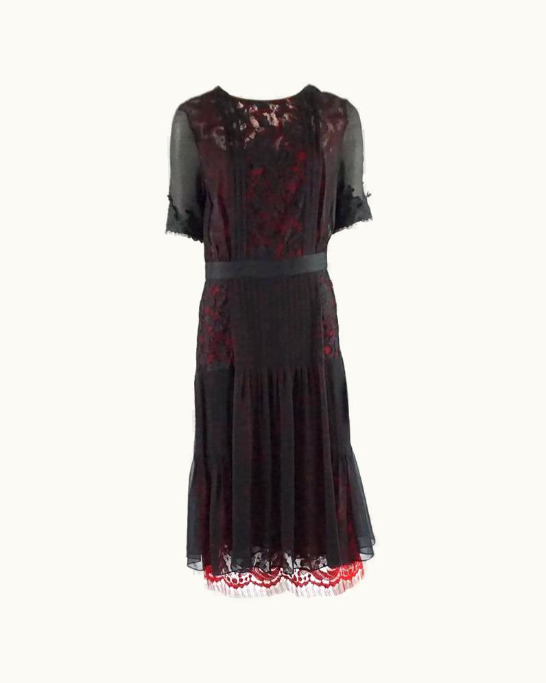 Oscar De La Renta Oscar De La Renta Black And Red Silk Chiffon Dress With Lace - 10 - Nwt