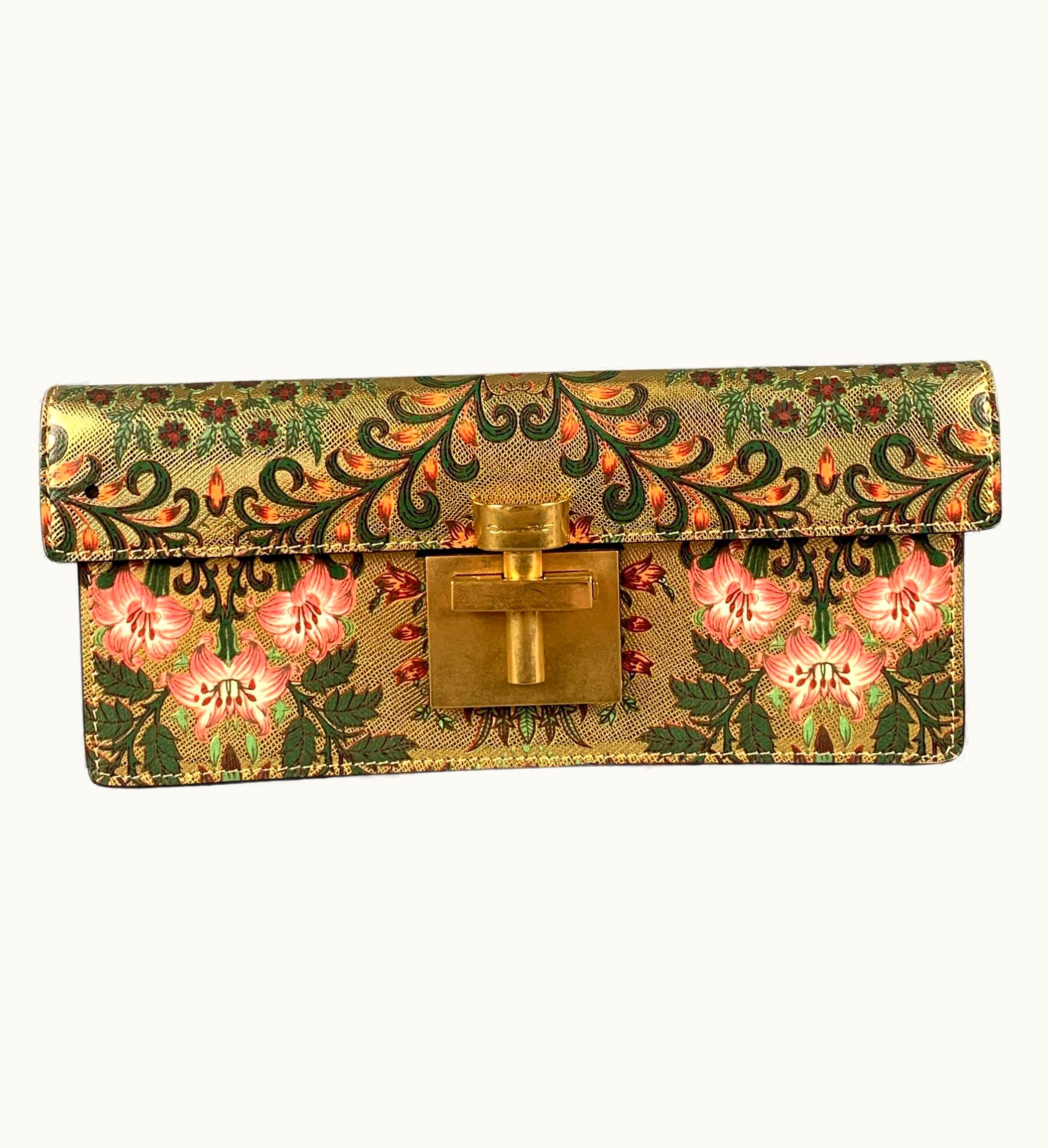Oscar De La Renta Oscar De La Renta Pre-Fall 19 Gold Alibi Floral Metallic Leather Clutch Handbag