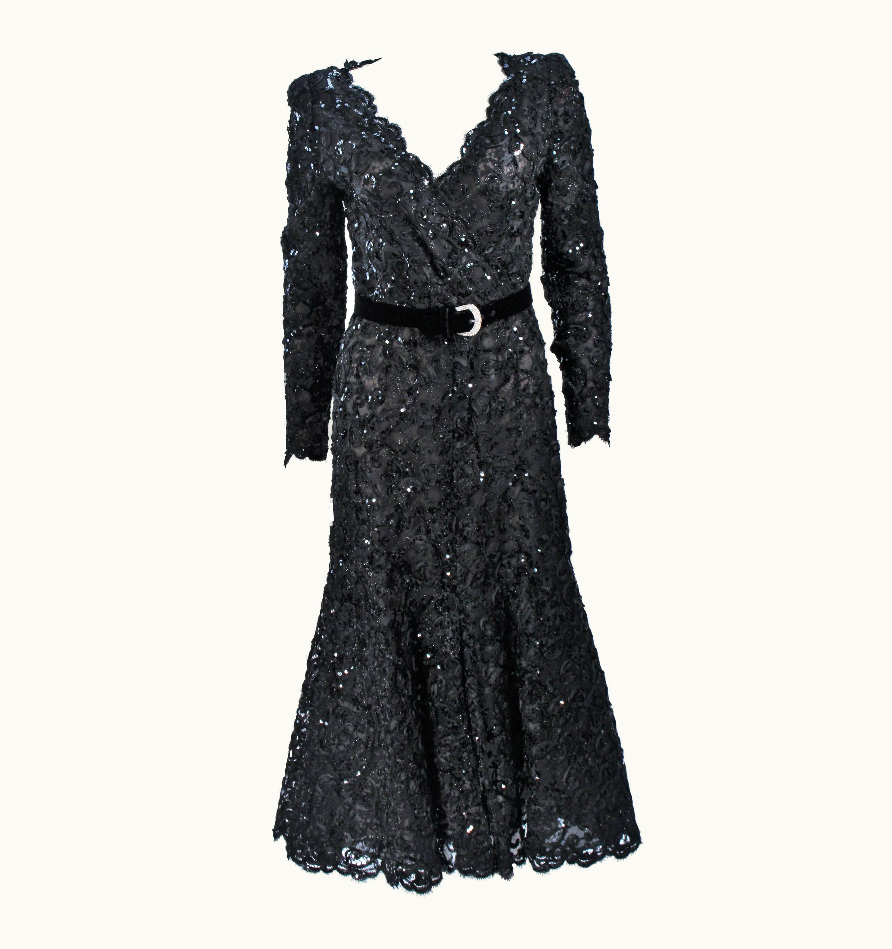 Oscar De La Renta Oscar De La Renta Black Lace Sequin Gown With Rhinestone Belt -8