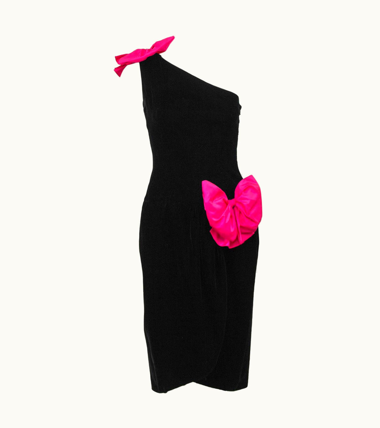 Oscar De La Renta 1980s Oscar De La Renta Miss O Velvet One Shoulder Cocktail Dress With Bows