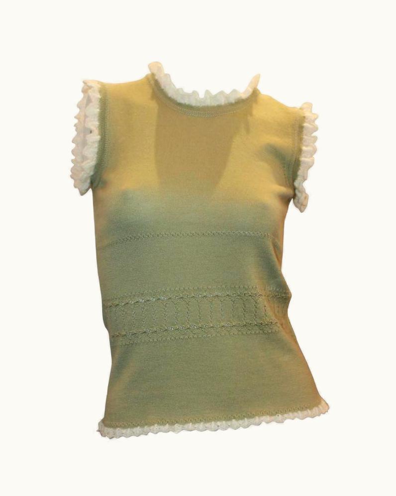 Oscar De La Renta Oscar De La Renta Pastel Green Cashmere Sleeveless Top WS/S Knit Ruffle Trim