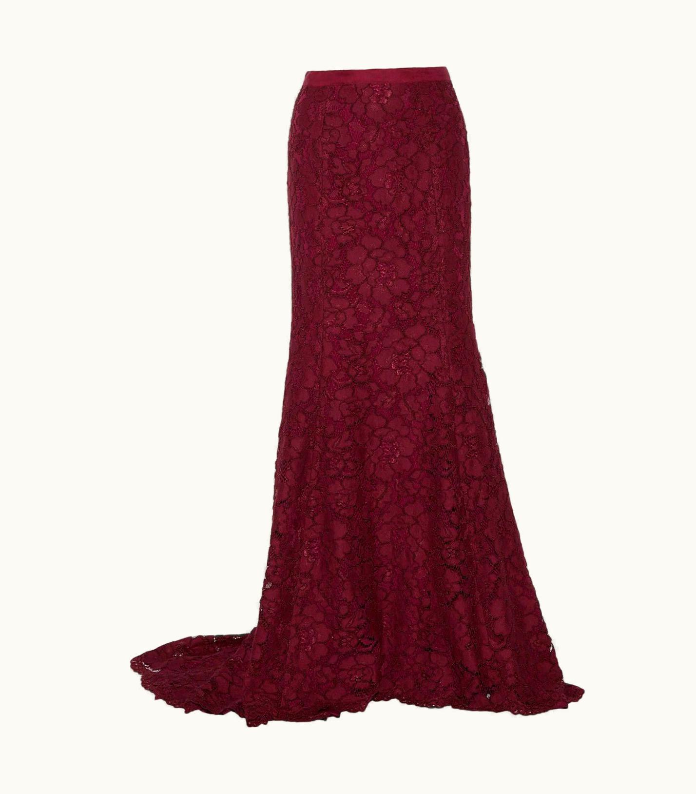 Oscar De La Renta $3190 Oscar De La Renta Bordeaux Long Floral Lace Fishtail Skirt Us