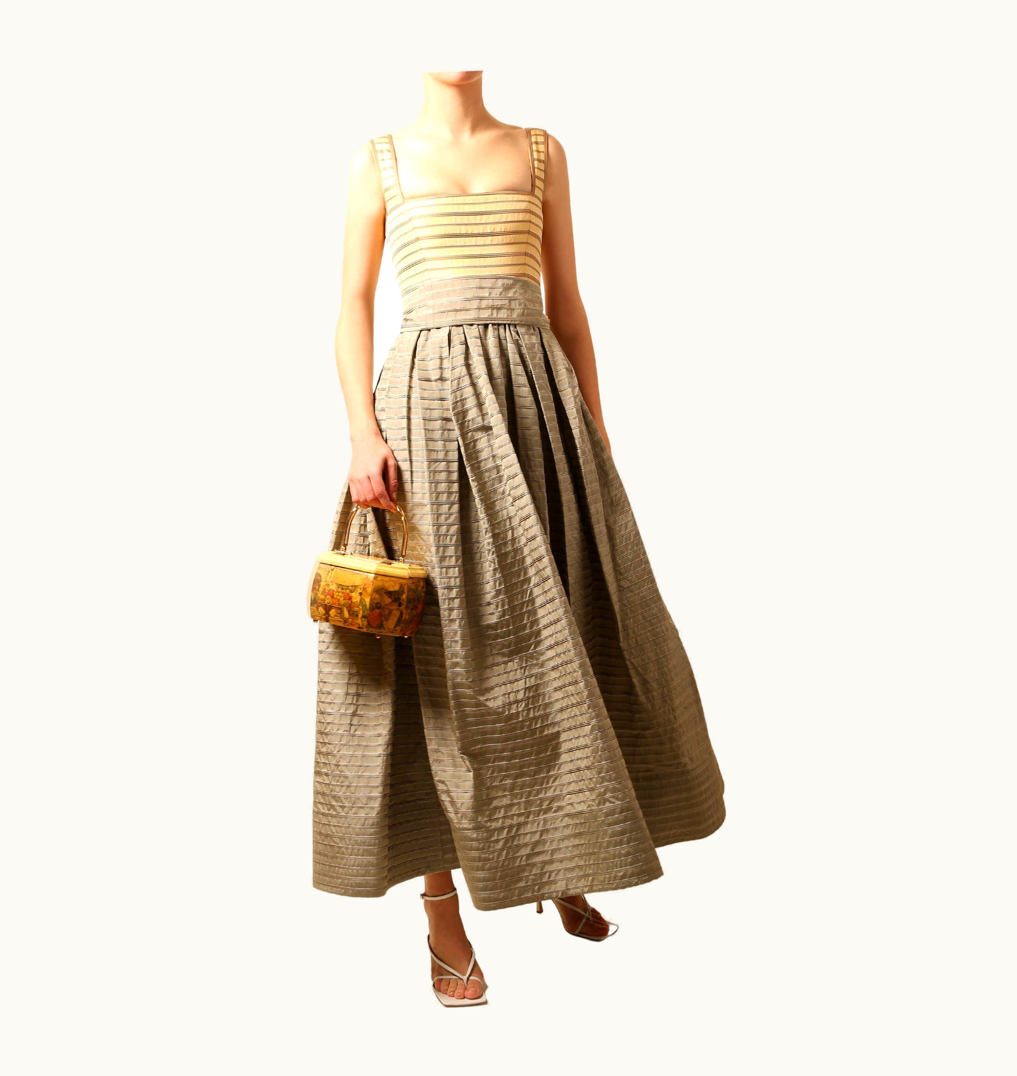 Oscar De La Renta Oscar De La Renta Yellow Grey Vintage Stripe Bustier Corset Maxi Dress Ball Gown