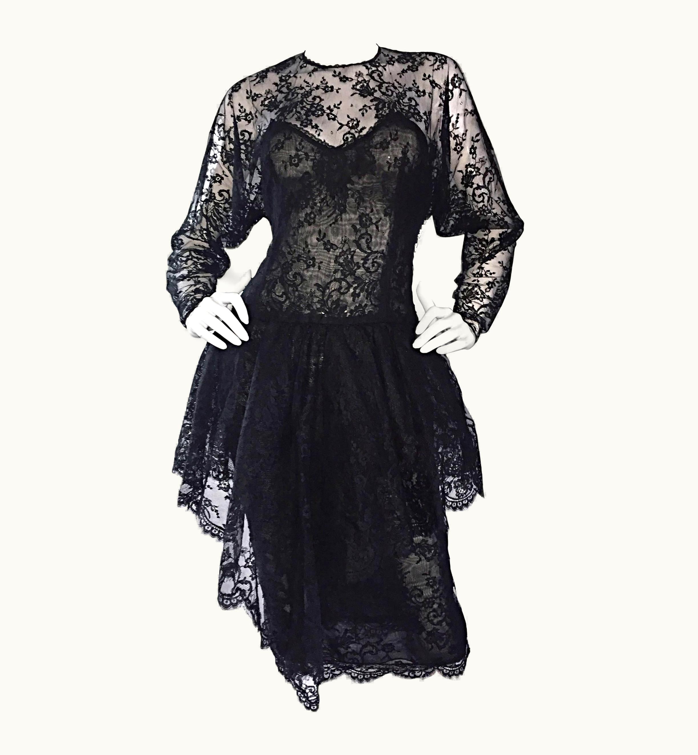 Oscar De La Renta Incredible Vintage Oscar De La Renta Black Silk Chantilly Lace 80s Dress