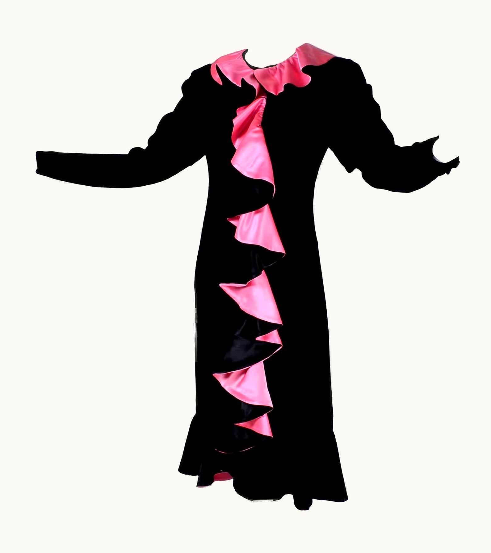 Oscar De La Renta 1980s Oscar De La Renta Vintage Dress In Black Velvet With Pink Satin Ruffles