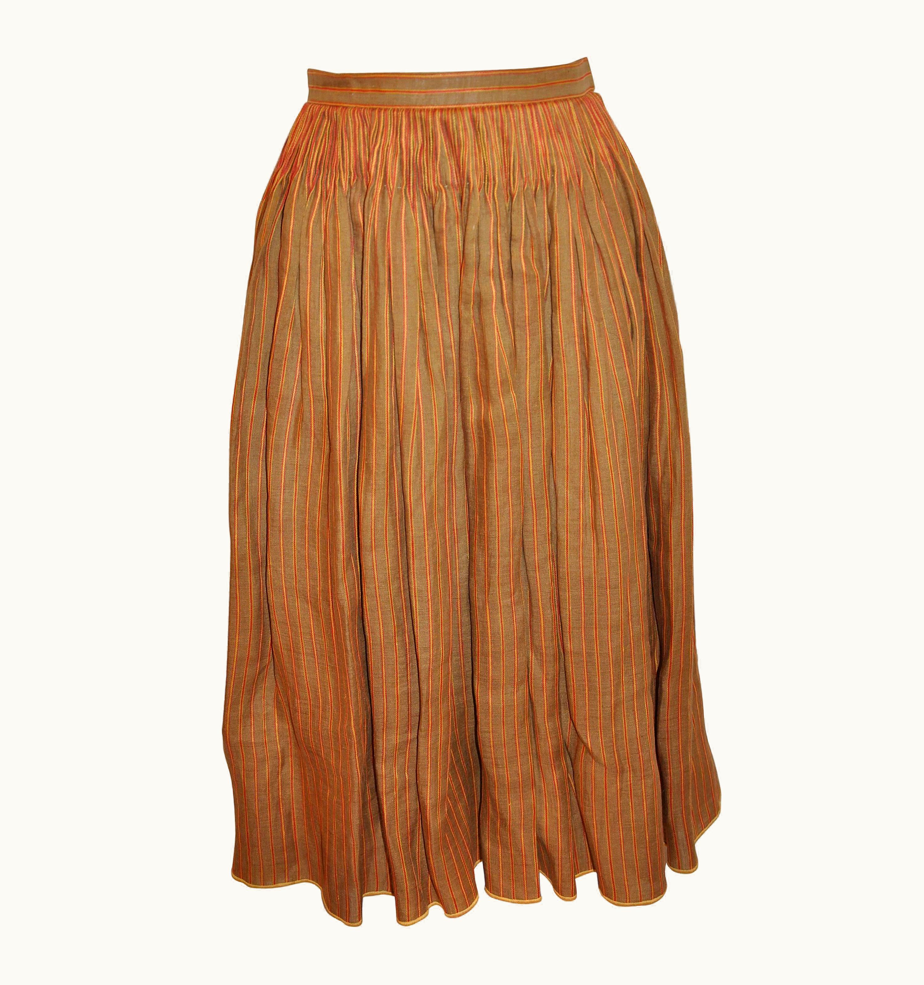 Oscar De La Renta Oscar De La Renta Silk Linen Deep Tan Hand-Pleated Stripe Accent Pleated Skirt