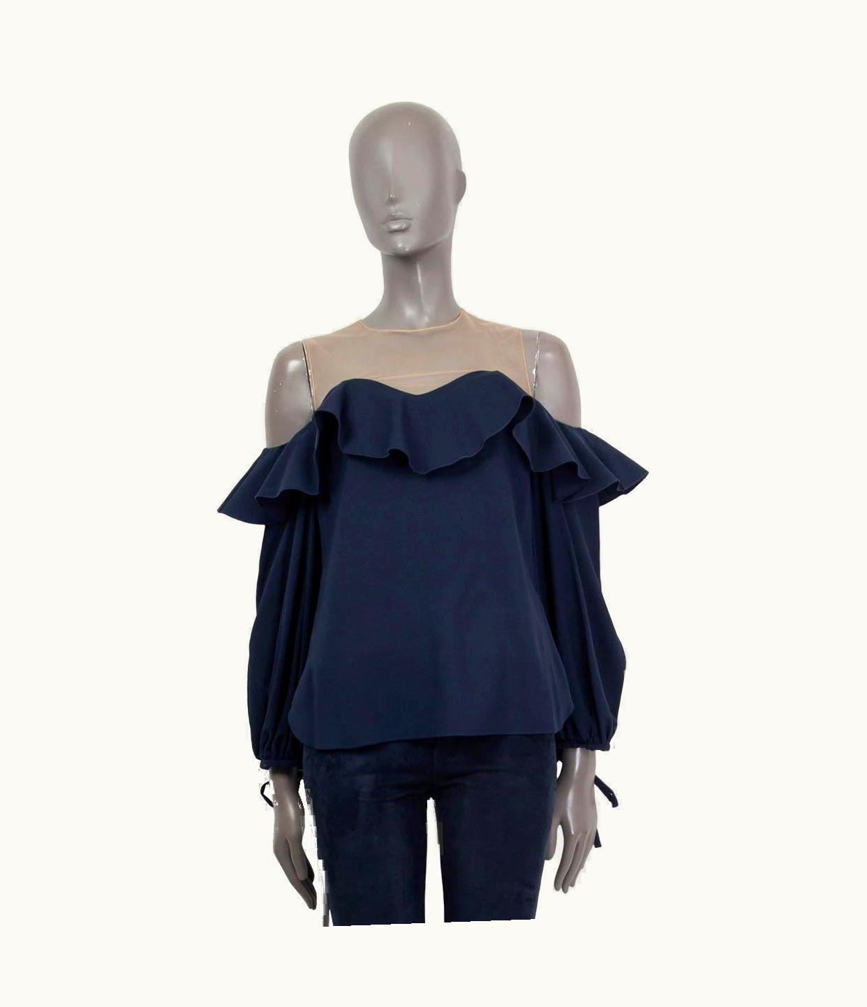 Oscar De La Renta Oscar De La Renta Navy Blue Silk Off Houlder Ruffle Blouse Shirt 2