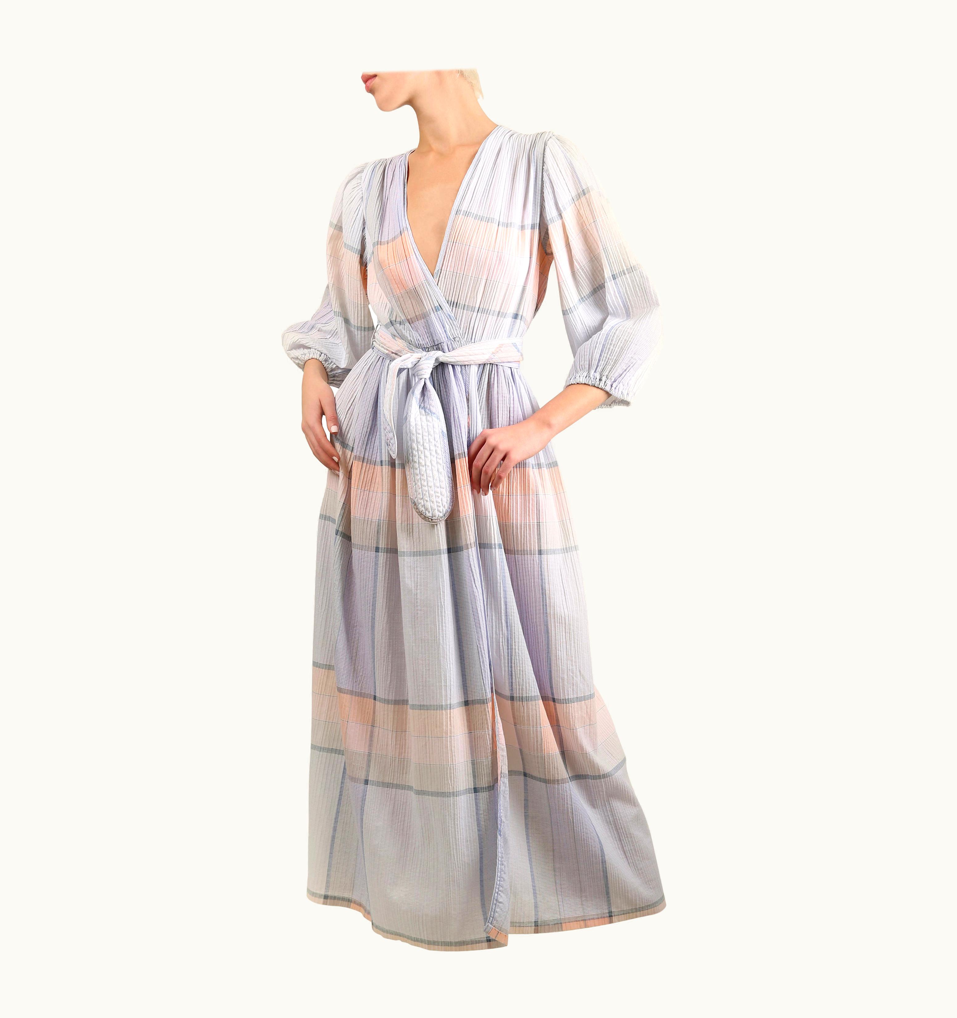 Oscar De La Renta Oscar De La Renta Vintage Puff Sleeve Prairie Plisse Wrap Belted Maxi Dress Robe
