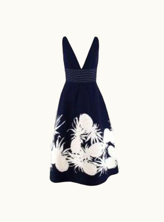 Oscar De La Renta Oscar De La Renta Navy A-Line Wool & Silk Dress With Cream Pineapple Print