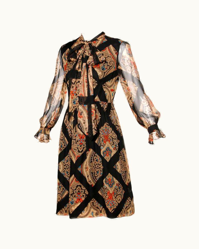 Oscar De La Renta Oscar De La Renta Vintage 1960s Silk Print Dress With Ascot Or Pussy Bow Tie