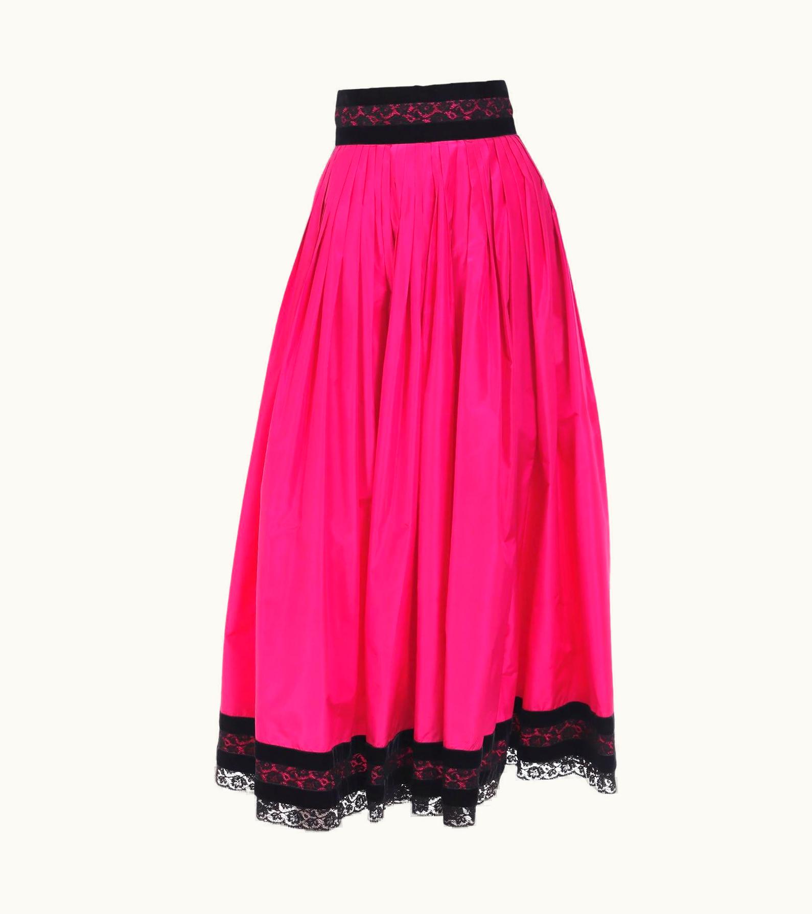 Oscar De La Renta Oscar De La Renta Vintage Hot Pink Maxi Silk Taffeta Skirt W Black Lace Trim