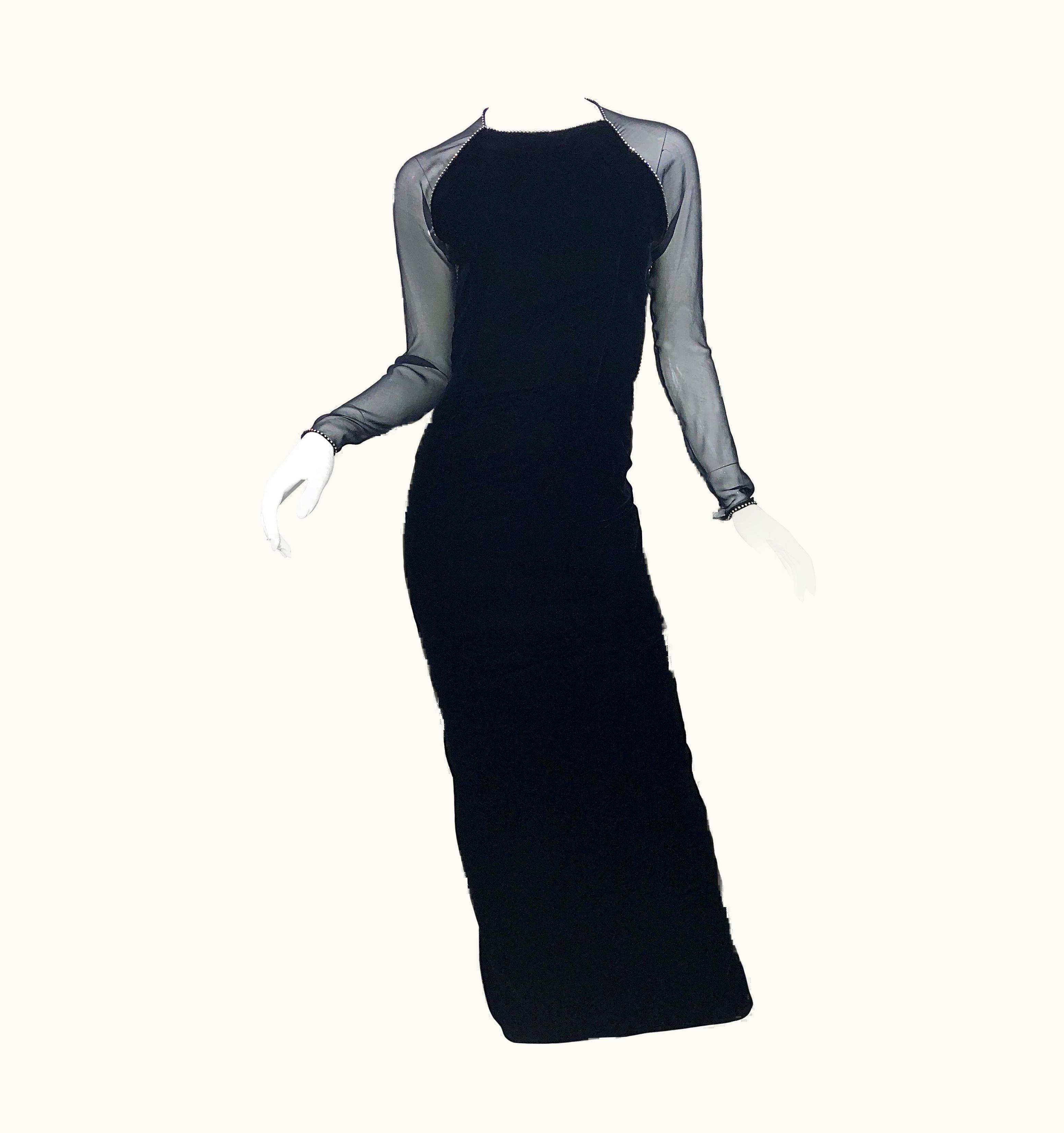 Oscar De La Renta Vintage Oscar De La Renta Black Silk Velvet 90s Rhinestone Open Back Gown